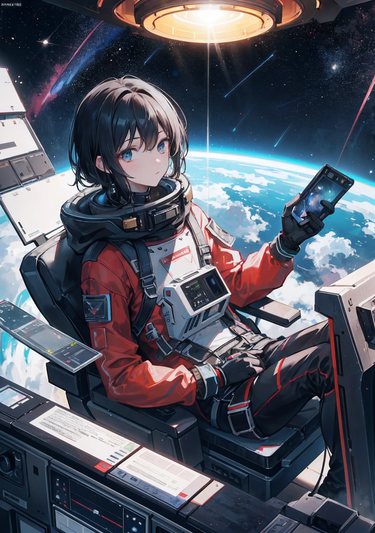 (8K, Ultra High Resolution), (Photorealistic: 1.3), Masterpiece, (1 Male Character Floating), Black Hair, Toned Body, Red Earth from Space, Giant Meteor Shower, View from Inside the Robot Cockpit, Spacesuit, Cyber Pilot Suit, Hand Gripping Control Stick, Controlling Equipment, Radar, Light Effects, Earth Below, View Over Men's Backs, Looking down from above, beautiful light, lens flare, spaceship seen outside the spaceship, (a huge structure floating in orbit of the Earth's satellite), man's whole body from overhead, camera gaze, space spreading out at his feet, rugged expression