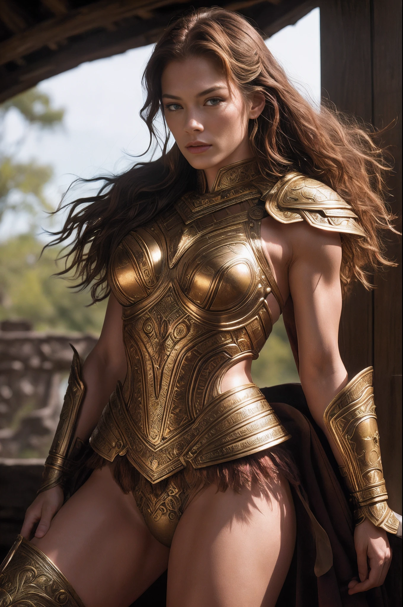 Masterpiece, a beautiful Amazon warrior, (Alyssa Sutherland:1.0), high detail plate armor, filigree, small breasts, (strong muscular body), (short brown matted hair), legs, (fantasy battlefield background), wartorn environment, magical war, HD, (skin texture:1.1), best quality, ultra high res, (photorealistic: 1.4), Raw photo, by Ellen von Unwerth, Nikon D850 Film Stock Photography, F1.6 Lens, Rich Colors, Realistic, Cinestill 800, backlight, rimlighting, studiolighting, sunlight, close-up