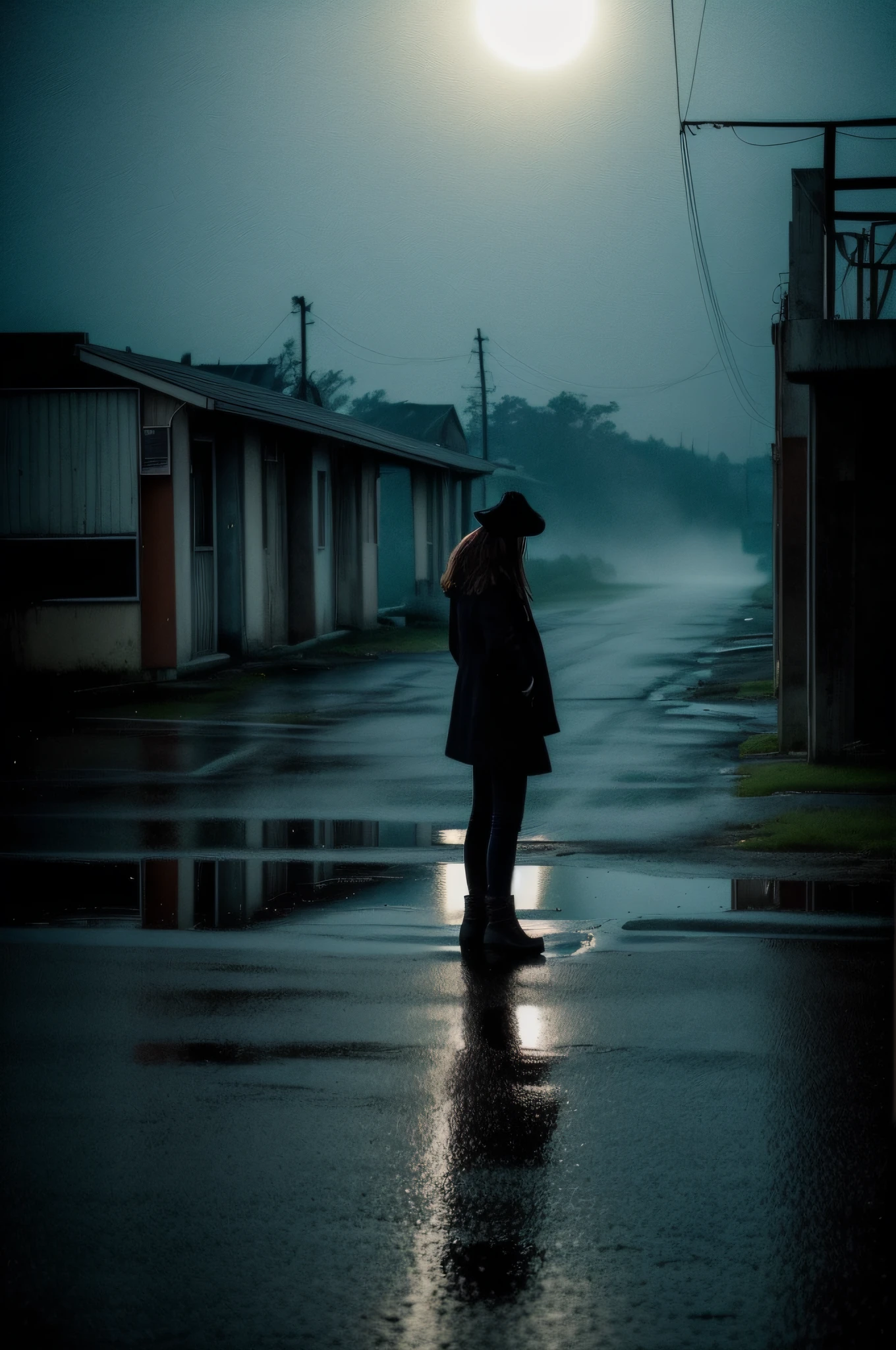 ((deep in the night、mid night、early dawn、In a dream))、((motel、Motel Area、Ruins、A winding road in the middle、Less light))、((Standing Woman、Depressed woman))、One Clown、Foggy、Sateen、reflection、Nostalgic but unsettling photos、Images in a dream、horor、Pretty dark image、Grainy photo、Film Touch、color photograph、, Wide Shot, ultra wide-angle,