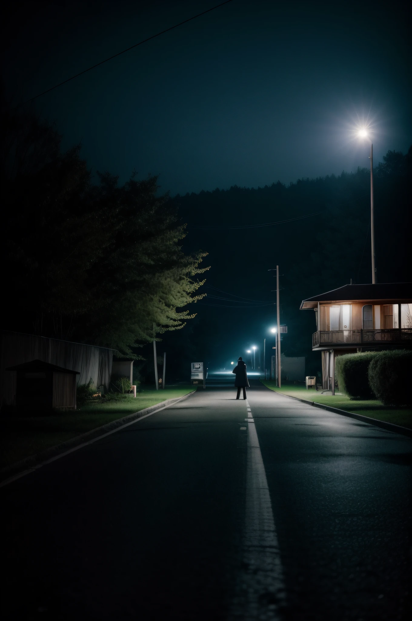 ((deep in the night、mid night、early dawn、In a dream))、((motel、Motel Area、Ruins、A winding road in the middle、Less light))、((Standing Woman、Depressed woman))、One Clown、Foggy、Sateen、reflection、Nostalgic but unsettling photos、Images in a dream、horor、Pretty dark image、Grainy photo、Film Touch、color photograph、, Wide Shot, ultra wide-angle,