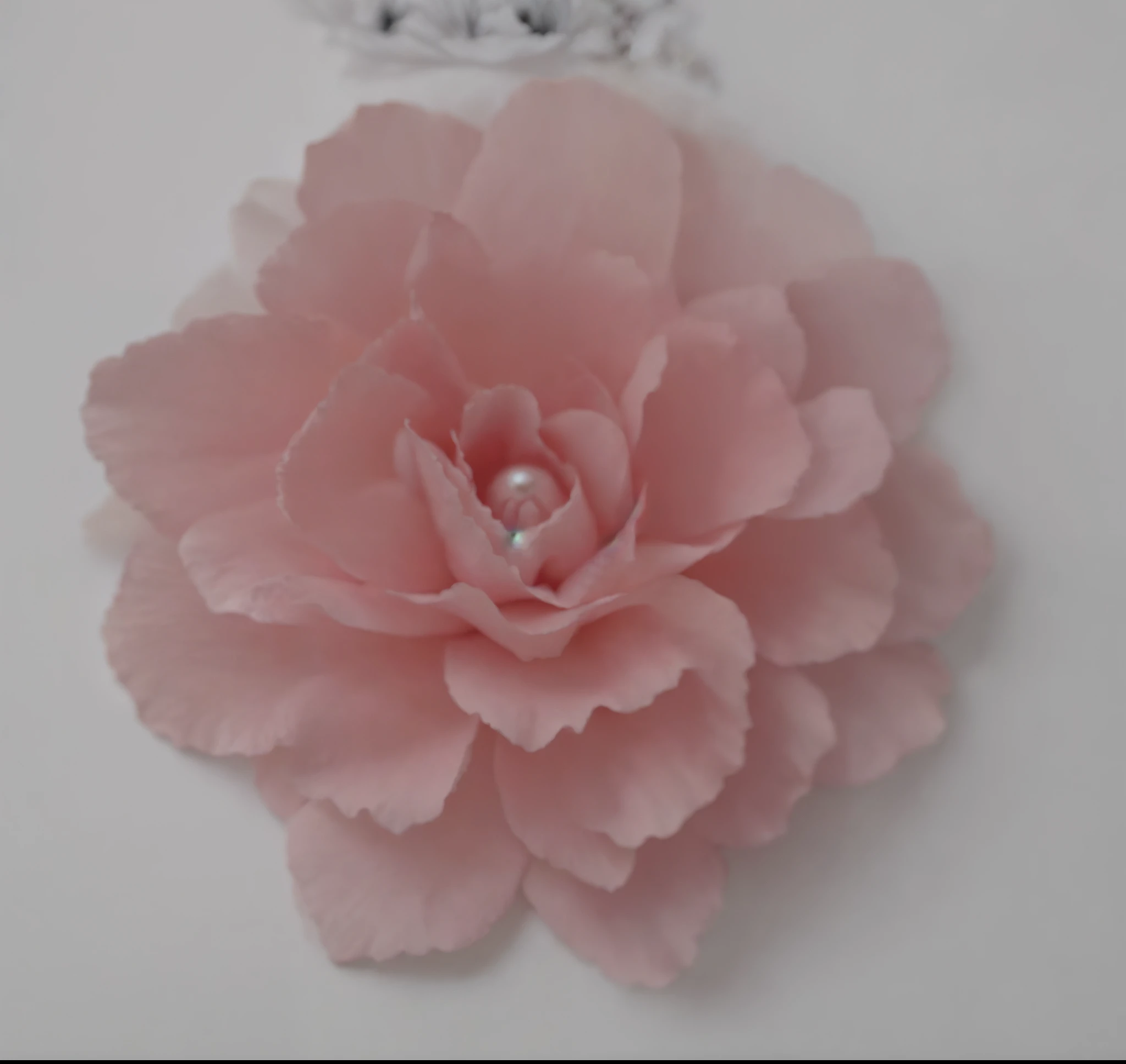 A closeup of a pink flower with a pearl center, large rose flower head, rosa rosa, Flor Rosa, Peach garnish, tonalidades rosa claro, rosa de ponto natural', flores macias, rosa rosa, large flower head, flor, Rosses, grandes flores opacas, various styles, huge rose flower head, pink petals, joias de cabelo, Floral Bling