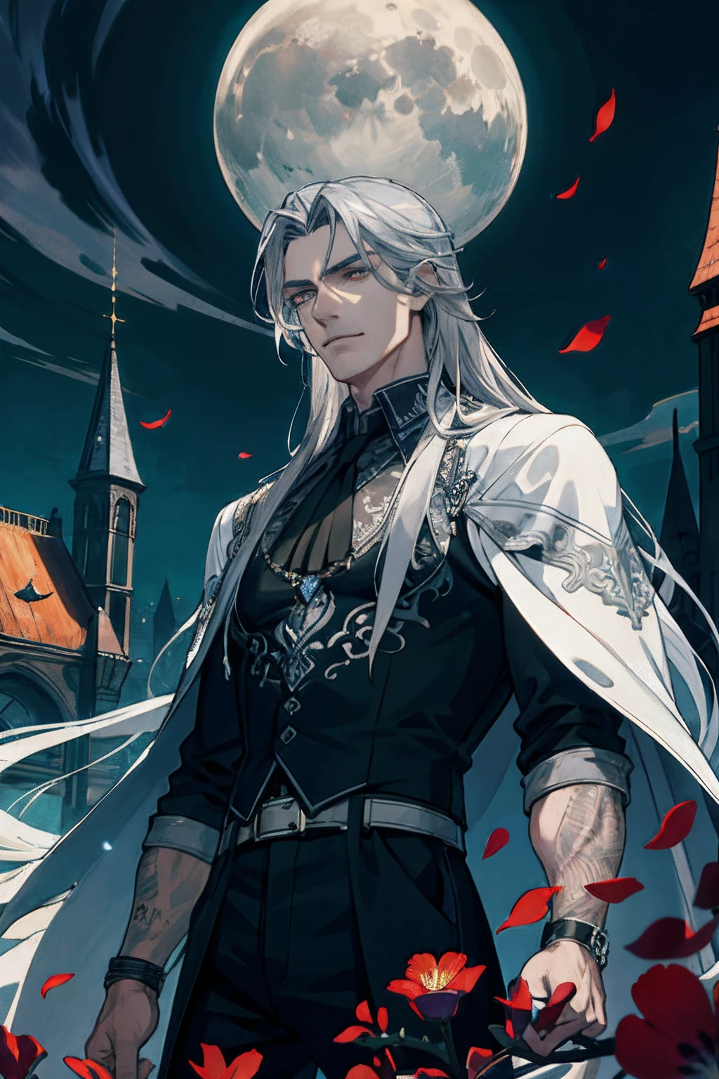 Masterpiece, Best quality, 1 homme, adulte, tall muscular, beau, finely detailed eyes, Intricate details, long silver hair, yeux rouges, Intricate details, fantaisie, Nuit, (dark themed), lighting cinematic, colourfull, portrait, flying petal, Flowery meadow, ciel nuageux, building, lune, luz, dutch angle, Tir de cowboy
