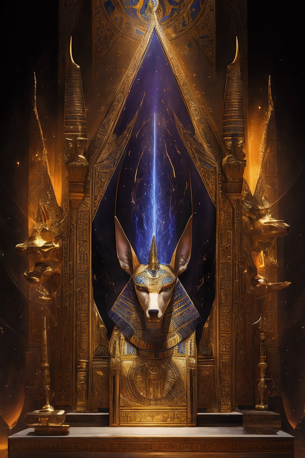 1man, portrait of godanubis in front altar with groups of egyptian, jackal head, swirl of fire, aura, magic, sparks, magic astral, ornate, details,