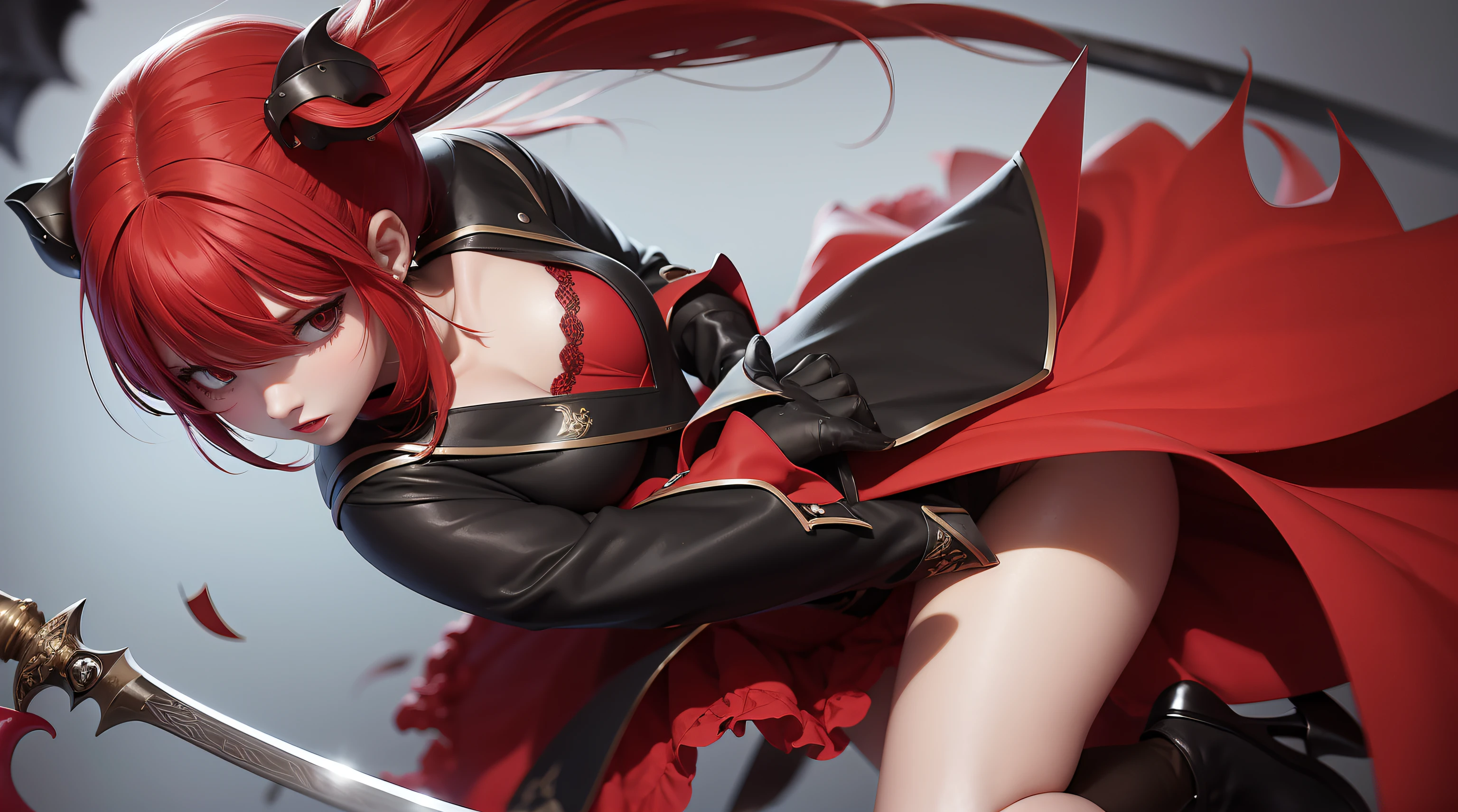 uma na roupa de couro preto, red hair, com uma espada, fighting a dragon