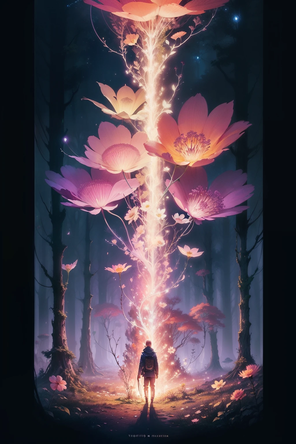 In the middle of the magical forest grows a tall, beautiful fantastic flower, Sparks glow around him, Mysterious light, children's book illustration style, simple, Cute, Full-color colors, artists Carne Griffiths and Vadim Kashin - no sketches