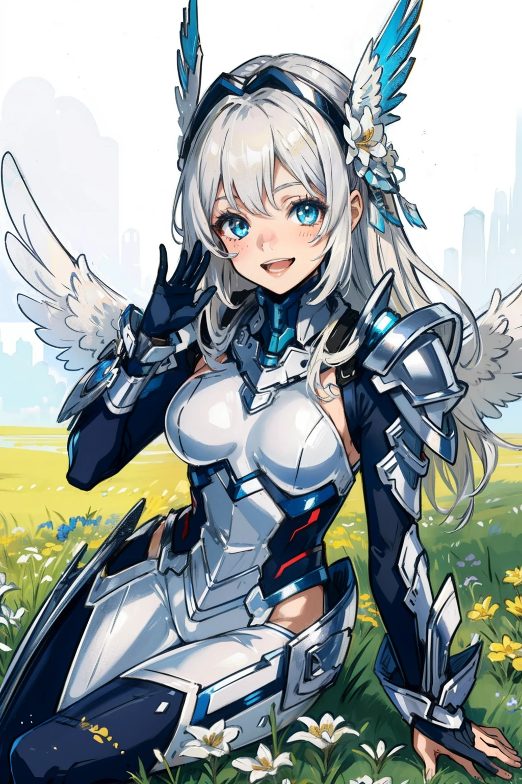 (​master piece, Best Quality),  Intricate details, valkyrie, cheerful smile, (((Laugh))), Looking at Viewer, wave at me, Feather Headgear, Flower meadow, Sitting, flat breast, White Balance, hand up, 15yo,
1 girl in, Solo, Portrait, Long Plutinum Blonde Hair, drooing eyes, Silver Single Thigh, Silver Independent Single Sleeve, silver gloves, 
 mecha musume, Silver Bodysuit, Silver Reinforced Suit, Closing purewhite feather wings, silver pantyhose, Silver Full Armor, flower decoration, equip sword,