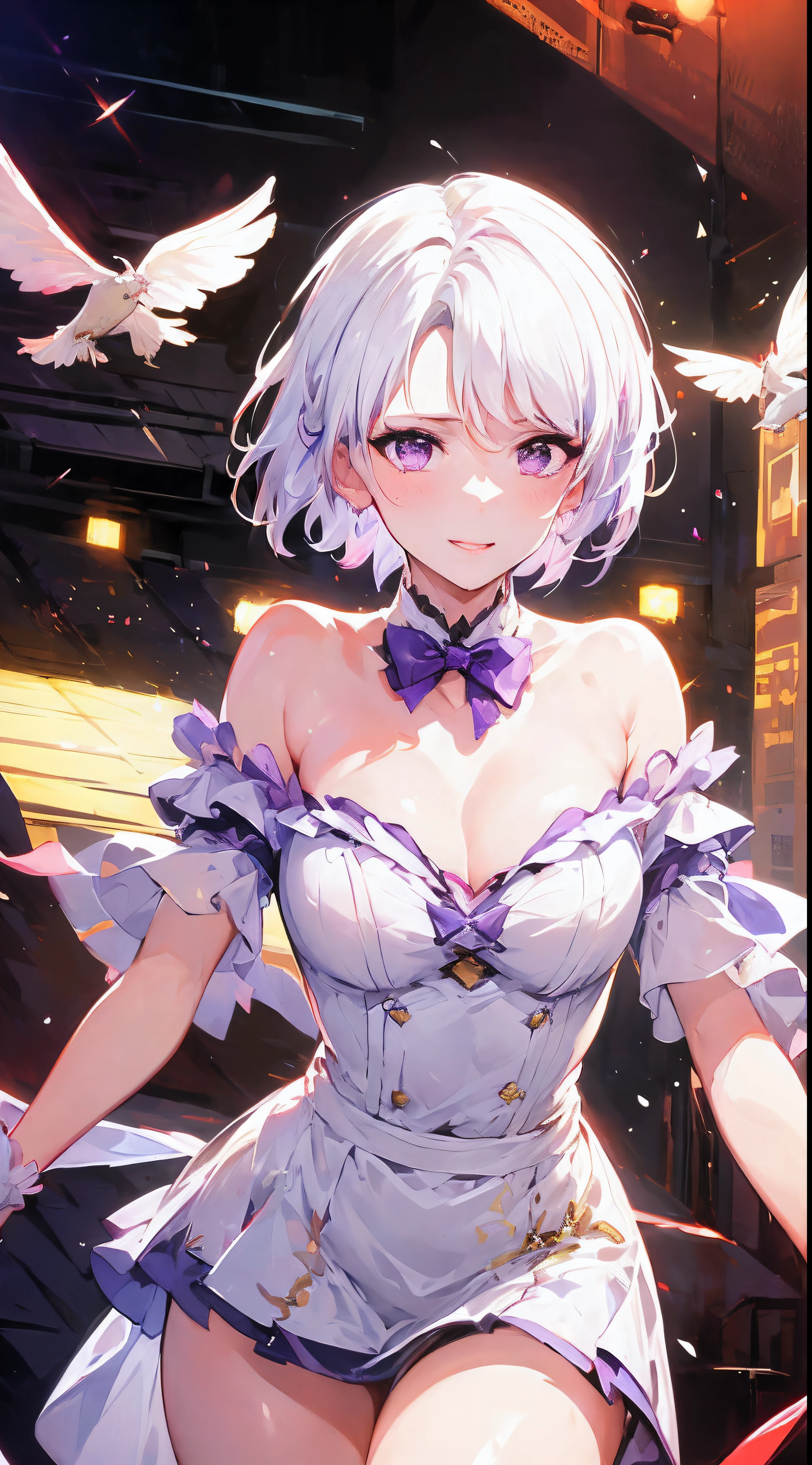 (Best quality),(4k), [highly grand details CG painting]!!,(cheer sticks),(((the Greatest masterpiece,))) (ultra detailed),(((idol))),(intricately details),(Nature,cute face),((((beautiful stage)))),(dynamic angles,)(aggressive winds),(dynamic lighting),(blooming,synthetic wave), (reality: 0.7), solo,1 girl,Long eyelashes,watery eyes,reflected eyes,eyes shadow,light purple eyes,((one purple bow tie,)) (white off-the-shoulder shirt: 0.4),short hair, [blue dress]!!, white haired deity,floating hair,((elegant and conservative cloth)),seductive smile