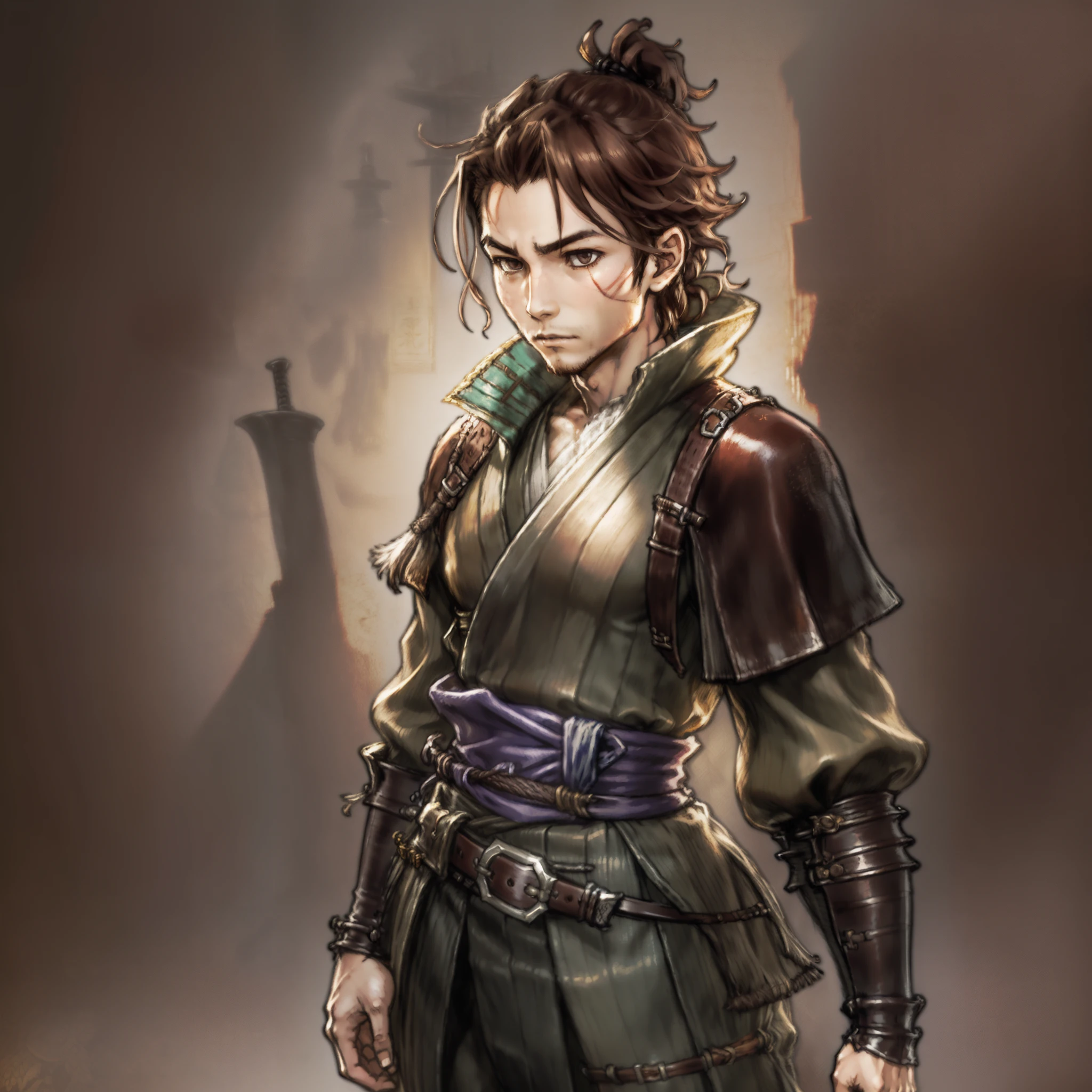 Game Art design, Octopath Traveler 2, 1boy, hikari ku, (solo:1.4), brown hair, ponytail, samurai warrior wearing a katana on his waist belt, japanese clothes with ornaments, yoroi, extremely detailed face and eyes, absurdes