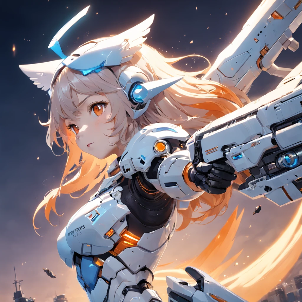masterpiece, best quality, movie still, 1girl, cloud girl, floating in the sky, close-up, bright, happy, warm soft lighting, sunset, (sparks:0.7)She wears a silver-white light alloy mech,There is an exaggerated V-shaped antenna on the helmet,There are also two jet thrusters behind it。She is slender,Agile and flexible。Behind the mask came a pair of big bright eyes,Orange hair flowed out from the sides of the helmet,Draw beautiful arcs as you run and fly。She holds a huge plasma rifle in her right hand,Carry a round shield in his left hand,The posture is full of futuristic and powerful beauty。Although the appearance is cold,But there was a gentleness in her eyes,There is a strong sense of justice,Prepare to fight the forces of evil to the end。She is the Valkyrie of the new century,Use lasers and steel to keep the peace of this blue planet!Her mech shell is made of silvery-white titanium,The surface is smooth as a mirror,Reflecting the colors of the sky and earth。That big V-shaped antenna on the helmet,It can emit electromagnetic waves in various frequency bands,For reconnaissance and communications。There are also a pair of cat-ear-like sensors on either side of the antenna,Subtle sounds can be captured。
Two jet thrusters on the back whizzed,The blue flame that shoots out symbolizes abundant energy。They not only allow her to soar in the sky,Laser weapon charging is also possible。The tail of the thruster also has a pair of wolf-tail-like stabilizer wings,Gently swinging。
Her hair is soft and thick orange,Float in the air while running,Like an undulating flame。A pair of turquoise eyes peeked through the gap between the helmets,Sometimes firm,Sometimes soft,Rich in mystery。
The plasma rifle in the right hand can fire a high-heat laser beam,Instantly melt enemy armor。The round shield on his left hand bears an armband,It was the sign she swore to protect,It means that she will defend all weak and righteous things with her life。