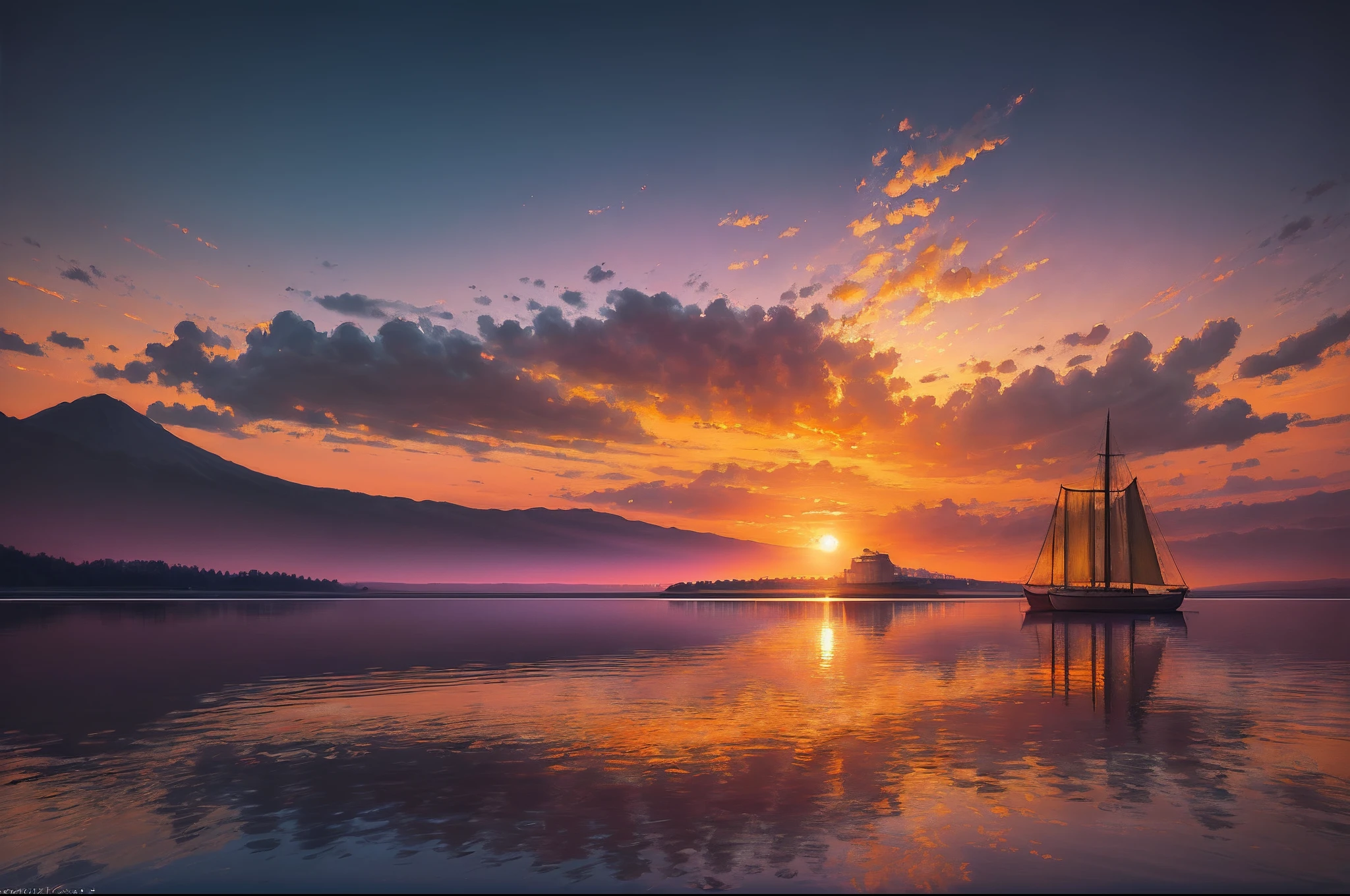 RAW Photo, Finest, Masterpiece, Finest Quality, High Quality, Extremely Detailed (Imagine a serene sunset over a calm lake, with a lone sailboat gliding over the water: 1.5), (Vibrant shades of orange and purple painting the sky: 1.4),creating an impressive atmosphere,capture the beauty of this scene, masterpiece, award-winning photography, very clear and detailed, (very realistic: 1.3), hyper-realistic