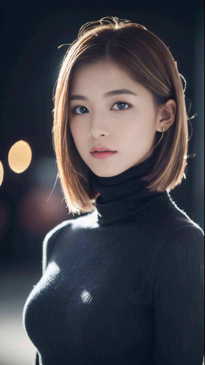 (8K, Raw photo, Photorealistic:1.25) ,( Lip gloss,Glossy finish, Glossy skin, Best Quality, 超A high resolution, chromatic abberation, Caustics, Wide light, Natural Shadow) look with serenity and goddess-like bliss to the spectators,(depth of fields:1.6), (colorful unfocused lights on background:1.4) ,(very natural make-up),Shot on a cloudy day . Slender eyes.Downcast eyes. The distant look in her eyes、((turtleneck dress))(Stylish as a professional model)、Radio City、Medium Hair