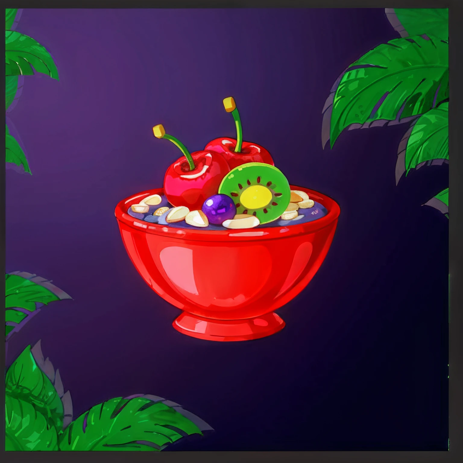 There is a fruit bowl with a cherry on top, (uma tigela de frutas)!!!!!!!!!, tigela de frutas, random background scene, Arte de fundo, arte renderizada, mobile game background, feito com ilustrador, stylized digital illustration, 2 d render, Gemas e diamante para frutas, Frutas da selva, fruteira, Hello, Hello, Hello, 8K., Mobile game asset with question mark in the pot