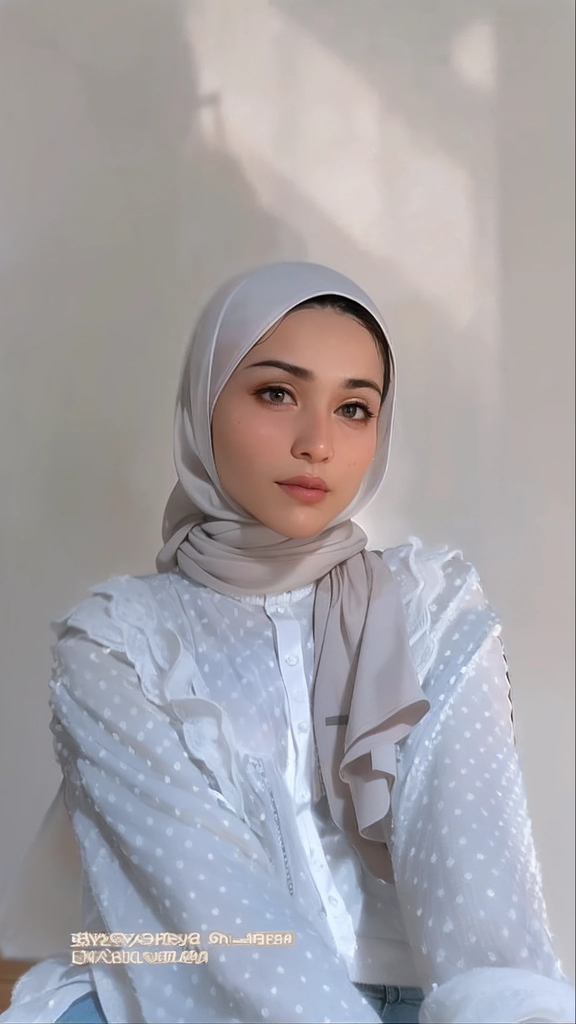 there is a woman wearing a white shirt and a gray scarf, white hijab, inspired by Nazmi Ziya Guran, inspired by Maryam Hashemi, inspired by Fathi Hassan, hijab, khyzyl saleem, faridah malik, inspired by reyna rochin, inspired by Shaddy Safadi, inspired by Nil Gleyen, scarf