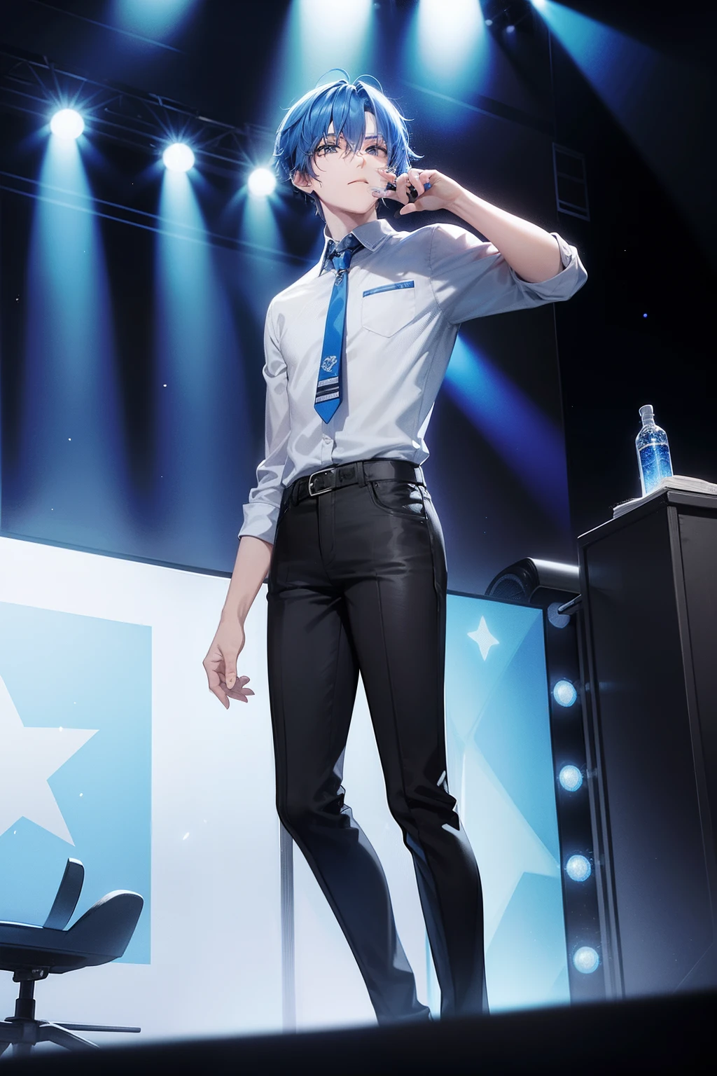 1 man, idol, blue hair, Star Eye ,stage, age is 18 years old, Tall, handsome, black pants, Blue and white shirt,