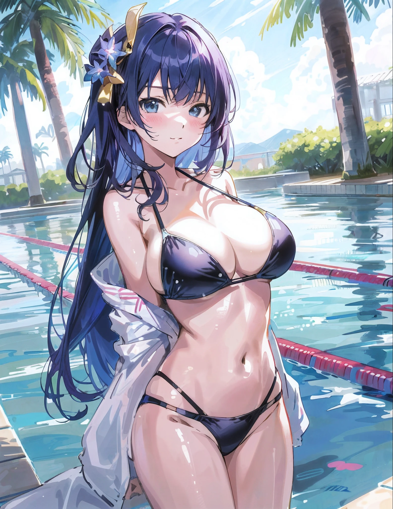 Anime girl in bikini by the pool, seductive anime girls, swimsuit, in a bathing suit, Marin Kitagawa fanart, realistic bikini, anime moe art style, bathing suit, in a bikini, in a bikini, Attire: Bikini, attractive anime girls, Extremely detailed Artgerm, blue bikini, wallpaper anime blue water, (Anime girl)