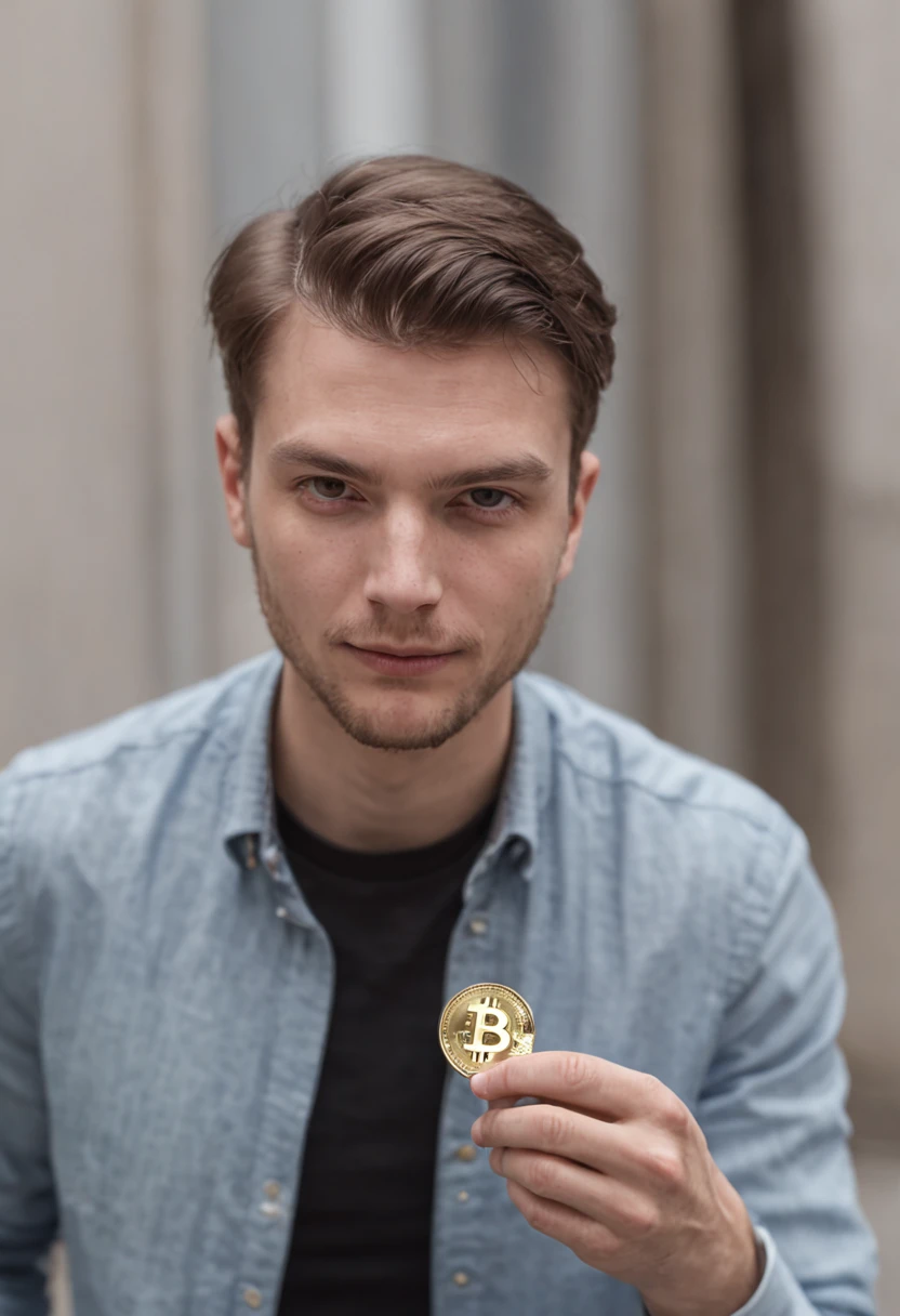 Ein Mann mit einem Bitcoin-Portemonnaie