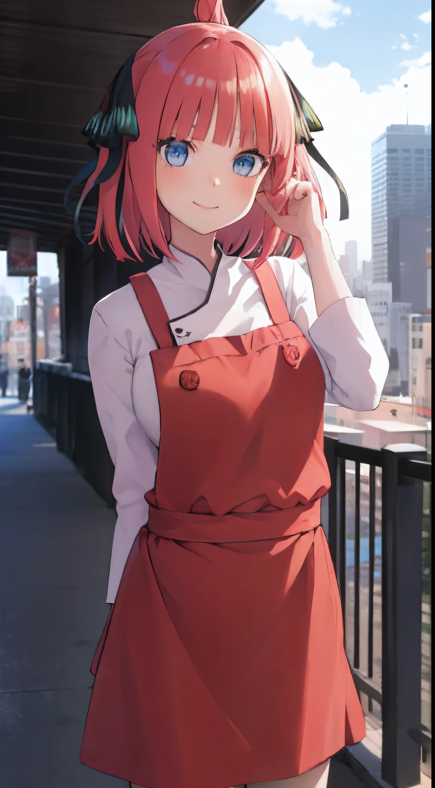 ninonakano, nino nakano, Short hair, Bangs, Blue eyes, Pink hair, Blunt bangs, Ponytail,
BREAK white shirt, Apron, Red skirt, chef, red apron,,
BREAK outdoors, city,Cowboy Shots
Watch your audience and take a break, Best Quality,  extra detailed face, Perfect Lighting, extremely details CG, (Perfect hands, Perfect Anatomy),、A smile