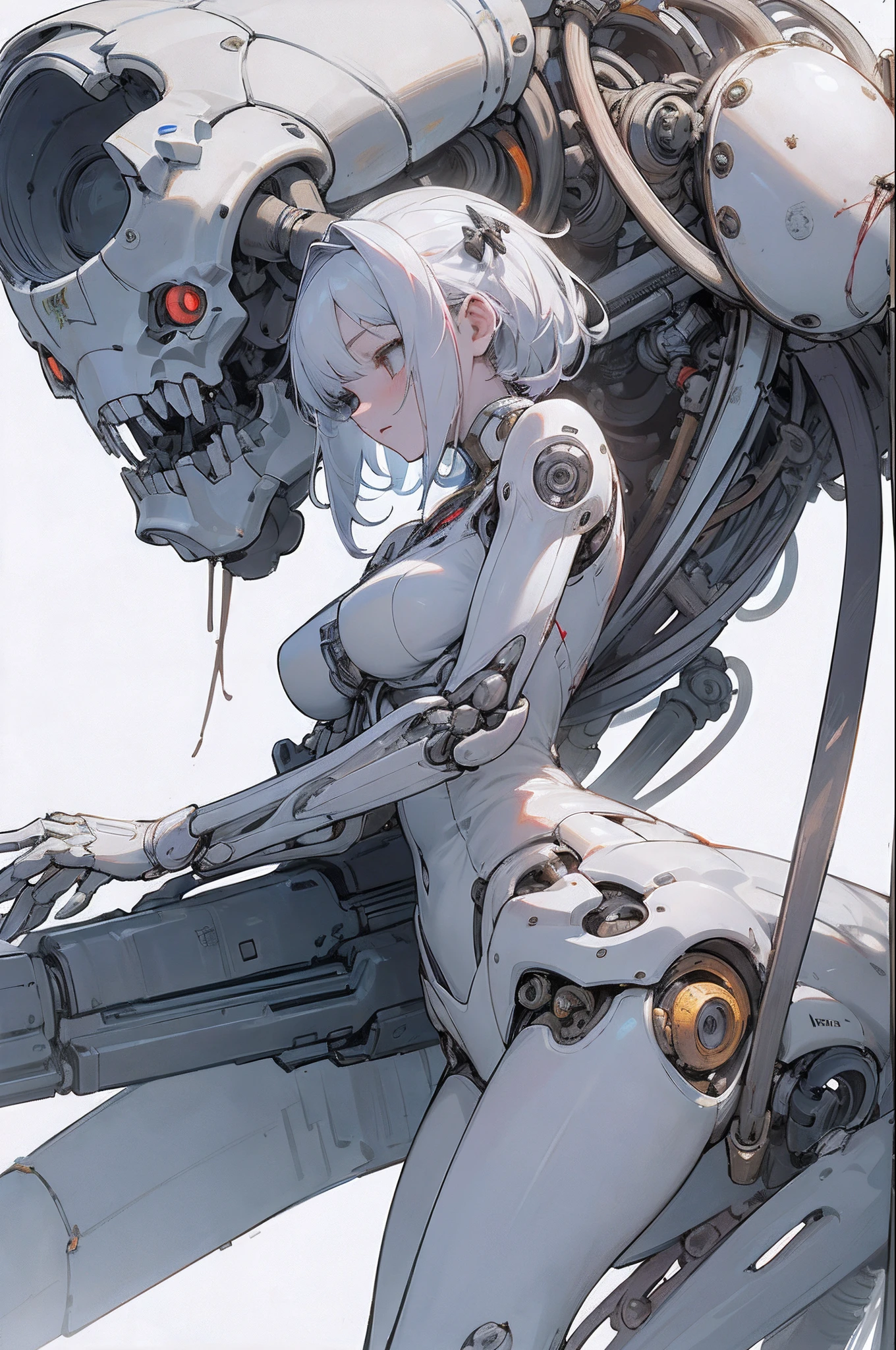 (masterpiece, top quality, best quality, official art, beautiful and aesthetic:1.2), (1girl:1.3), extreme detailed,colorful,highest detailed ((ultra-detailed)), (highly detailed CG illustration), ((an extremely delicate and beautiful)),(from side),cinematic light,((1mechanical girl)),solo,full body,(machine made joints:1.2),((machanical limbs)),(blood vessels connected to tubes),(mechanical vertebra attaching to back),expressionless, (character focus),science fiction, white background, machines are attached to joints, multiple arms, white hair, white skin, bones, white leaves, solo girl and monster
