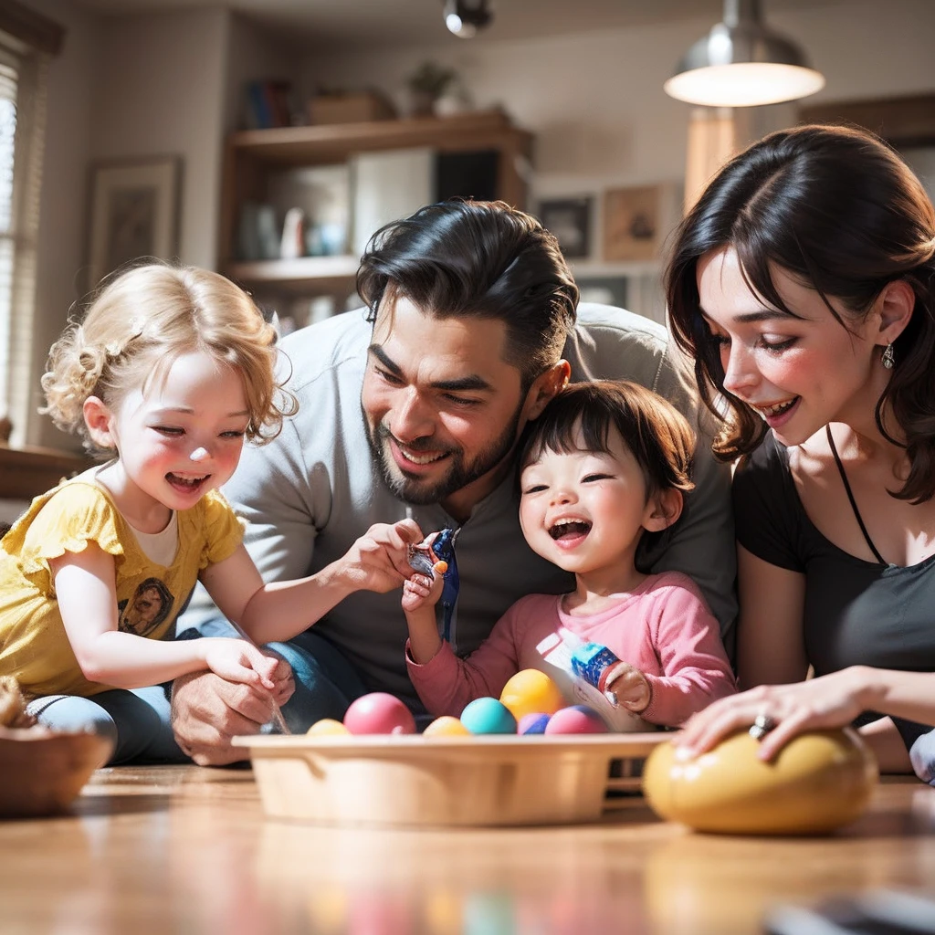 a modern inclusive family having fun together doing indoor activities, award winng photography capturing moments in life, hyper realistic, ultra detailed, cinematic lighting, sharp focus, depth of field, 4k, happy memories, no text, wide shot, 70s family album photography style --auto --s2