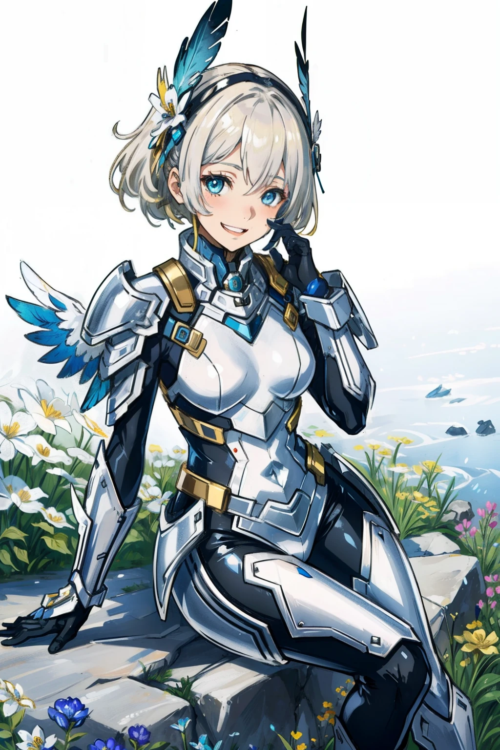 (​master piece, Best Quality),  Intricate details, valkyrie, cheerful smile, (((Laugh))), Looking at Viewer, wave at me, Feather Headgear, Flower meadow, Sitting, flat breast, White Balance, hand up, 18yo,
1 girl in, Solo, Portrait, Long Plutinum Blonde Hair, drooing eyes, Silver Single Thigh, Silver Independent Single Sleeve, silver gloves, 
 mecha musume, Silver Bodysuit, Silver Reinforced Suit, Closing purewhite feather wings, silver pantyhose, Silver Full Armor, flower decoration, equip sword,