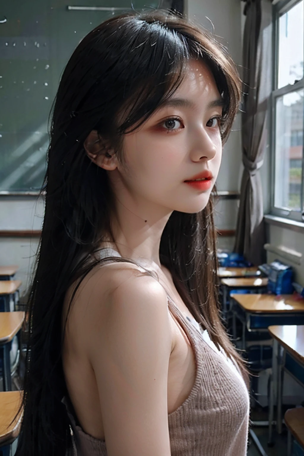 (1 cute Asian star) Realistic photo of shoulder-length hair, light makeup, small breast, no clothes, in school, clear facial features, 8K high resolution, clear and realistic details.