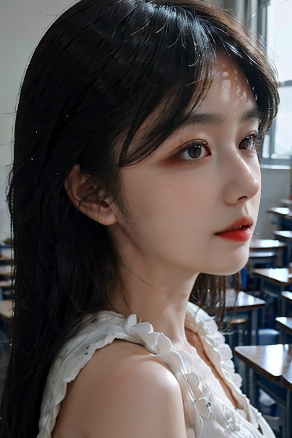 masterpiece, best quality,realistic,(realskin:1.5),1girl,school,longhair,no_bangs, side_view,looking at viewer,school uniform,realskin
softlight