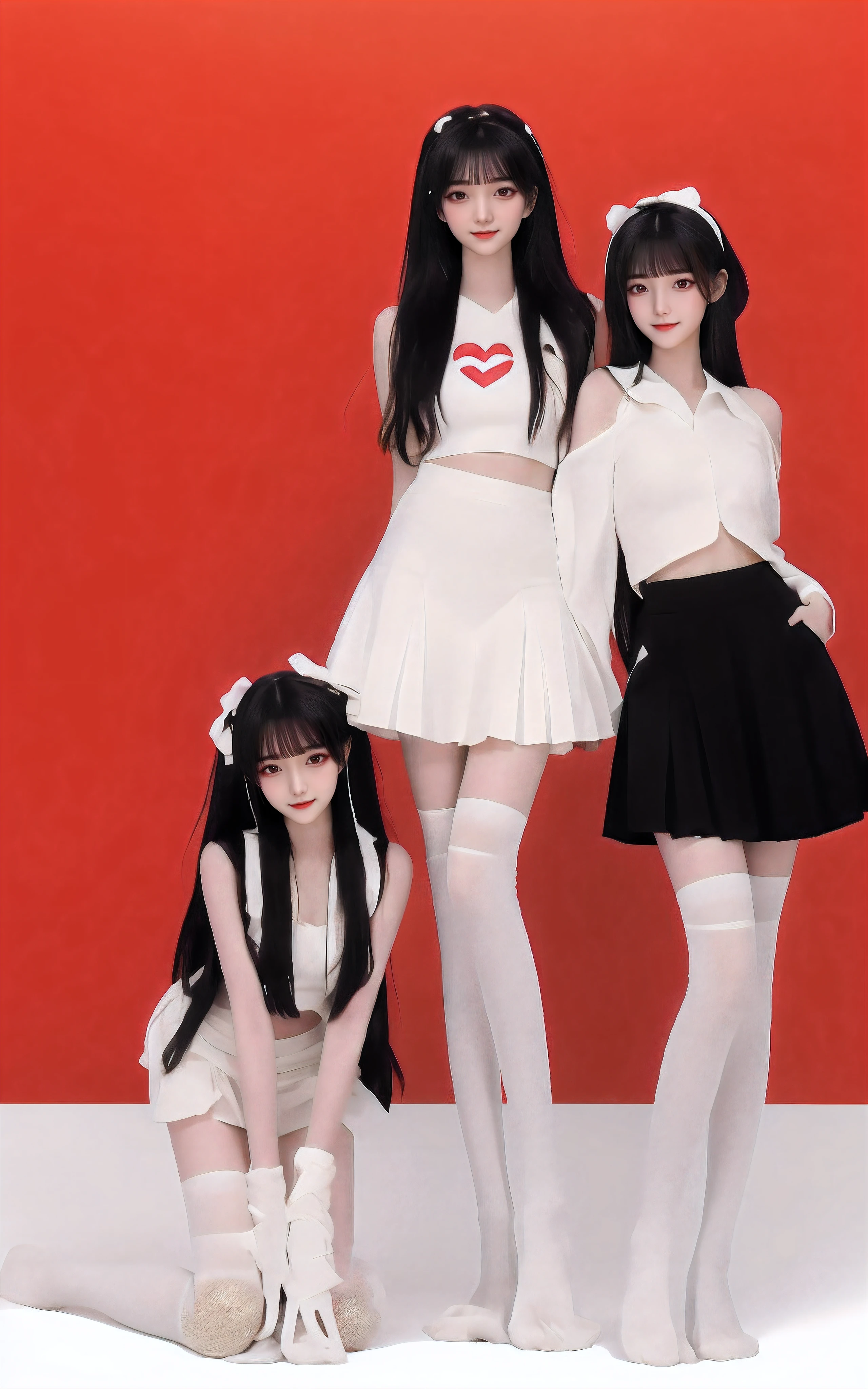 Two women wearing white dresses and red stockings pose for a group photo, inspired by Wang Duo, white and red dresses, nixeu and sakimichan, red velvet, full-body xianxia, shaxi, two models in the frame, concept photoset, trending on cgstation, high - end fashion photoshoot, inspired by Gao Cen, wearing white clothes
