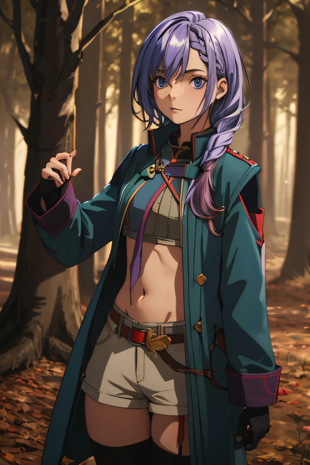 best quality, ((masterpiece)), highly detailed, outdoors, night, forrest,
1girl, Luna,
looking at the viewer, 
blue eyes, purple hair, braid, thighhighs, belt, open coat, navel, short shorts, fingerless gloves