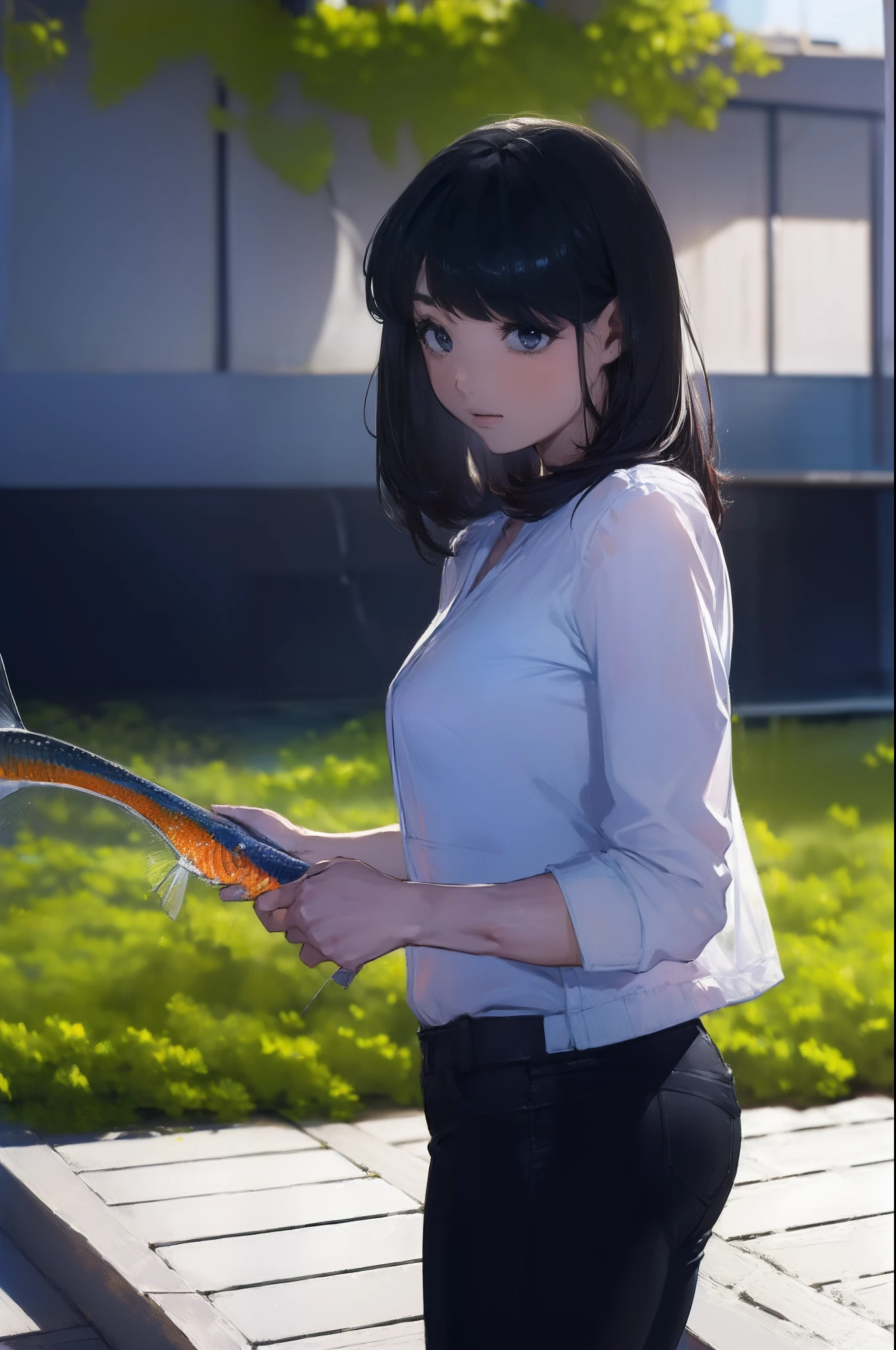 ((((catching a big fish by the lakeside:1.5)))),((Female 28 years old)),((Best Quality:1.5)),(((Hands with the correct number and structure of fingers:1.4))),((Big fish:1.37)),hight resolution,ultra-detailliert,​masterpiece,best qualtiy,(Eight-headed body),Black hair, long eyes-lashes, Solid Circle Eyes, drop shadow, Atmospheric perspective,Super Detail, ccurate, small brest,(Black jacket and black jeans :1.1),top-quality, blurry backround, bokeh dof:1.2, (​masterpiece:1.3),  Atmospheric perspective,Super Detail,dynamic compositions,