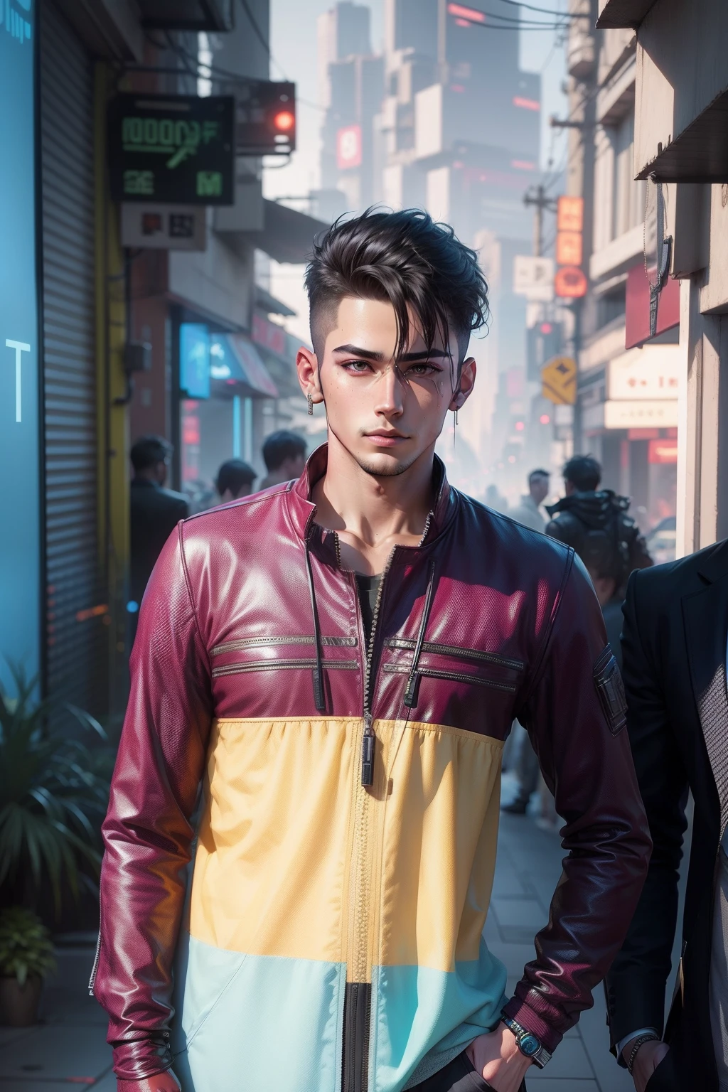 Change background cyberpunk handsome boy.realistic face.