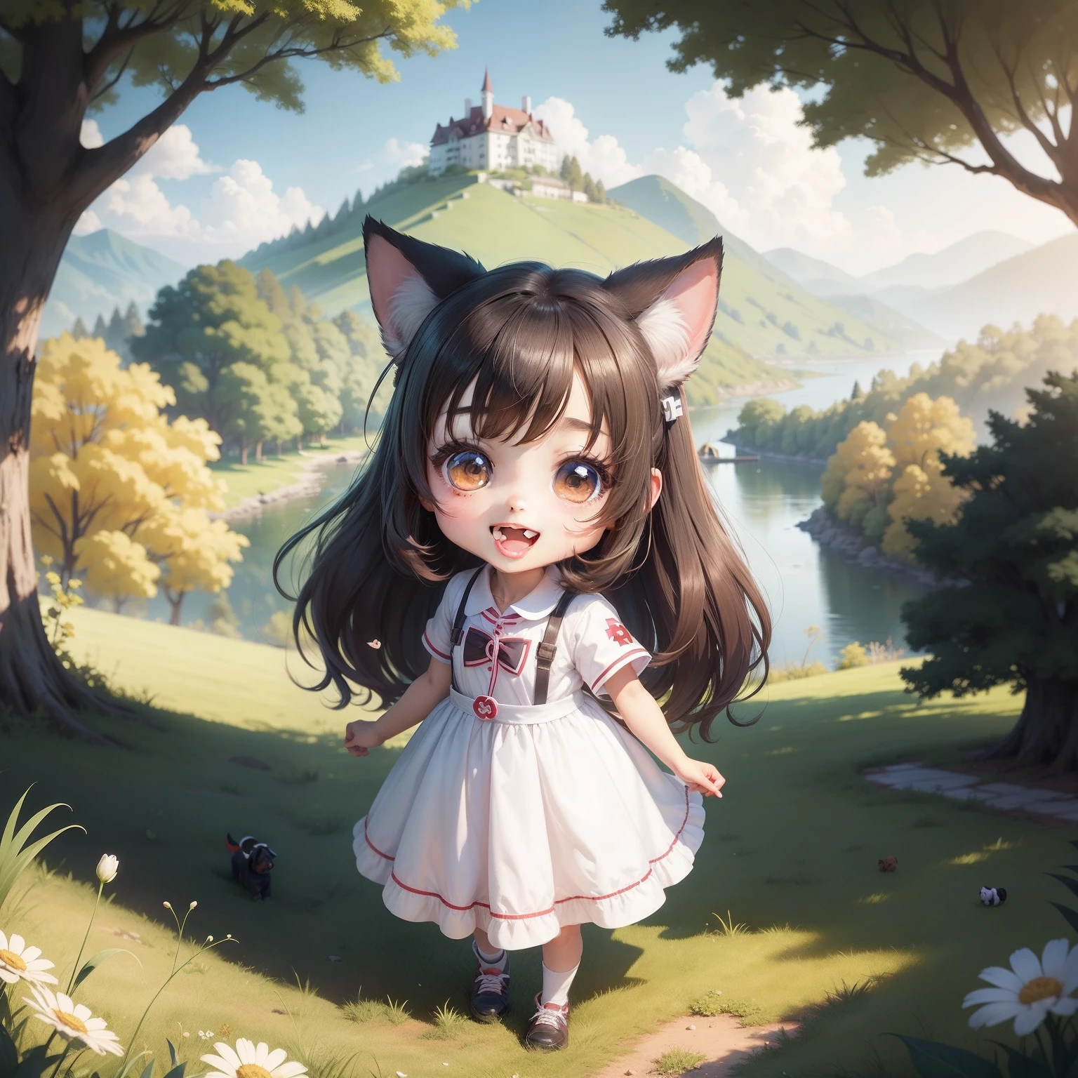 masterpiece、top-quality、ultra-detailliert、One dog girl、Chibi Chara、nurse's outfit、long、a smile、open open mouth、Skip、Beautiful scenery、pretty hair