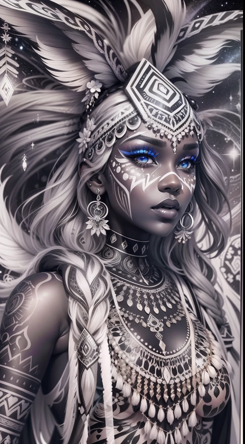 colouring book page, black and white, 32k, full body view, very beautiful tribal brown skin girl with excessive intricately detailed vivdly black and white facepaint bodypaint makeup, stunning radiant eyes, gorgeous white hair with highlights, magical night sky background