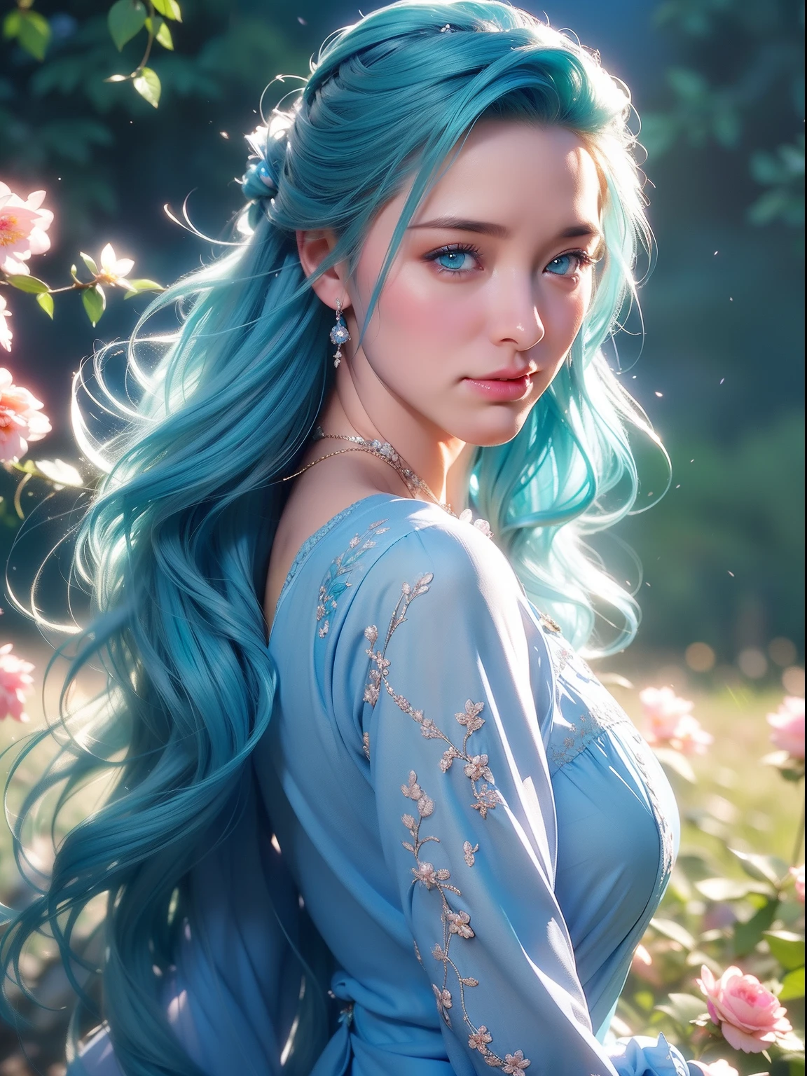 an woman with cottage style, (((aqua blue hair color))),(colorful),(finely detailed beautiful eyes and detailed face, aqua blue long hair), flowers on head,cinematic lighting,extremely detailed CG unity 8k wallpaper,((flying petal)),(Flowery meadow) sky, cloudy_sky, sunlight,sun, light, fantasy, (masterpiece, best quality), Fantasy, (((detailed long-sleeved cottage blue dress))), blue laces,((blue untied flowing hair and a nice flowered dream cottagecore background)), cottagecore style, cottage aesthetics, high detailed background , curvy body, gorgeous, elegant, simple gold necklace, dynamic pose, realistic, detailed facial expression, beautiful mesmerizing face, smilling, (bright blue eyes:1.14), real life skin, 8k, intricate detail, professional lighting, full body shot, dynamic angle shot, looking at camera, stunning Unreal Engine, soft diffused lighting, cute, wind, petals on wind,1 girl, sexy, sensual, a 20 yo woman,(natural skin texture, soft light, sharp)