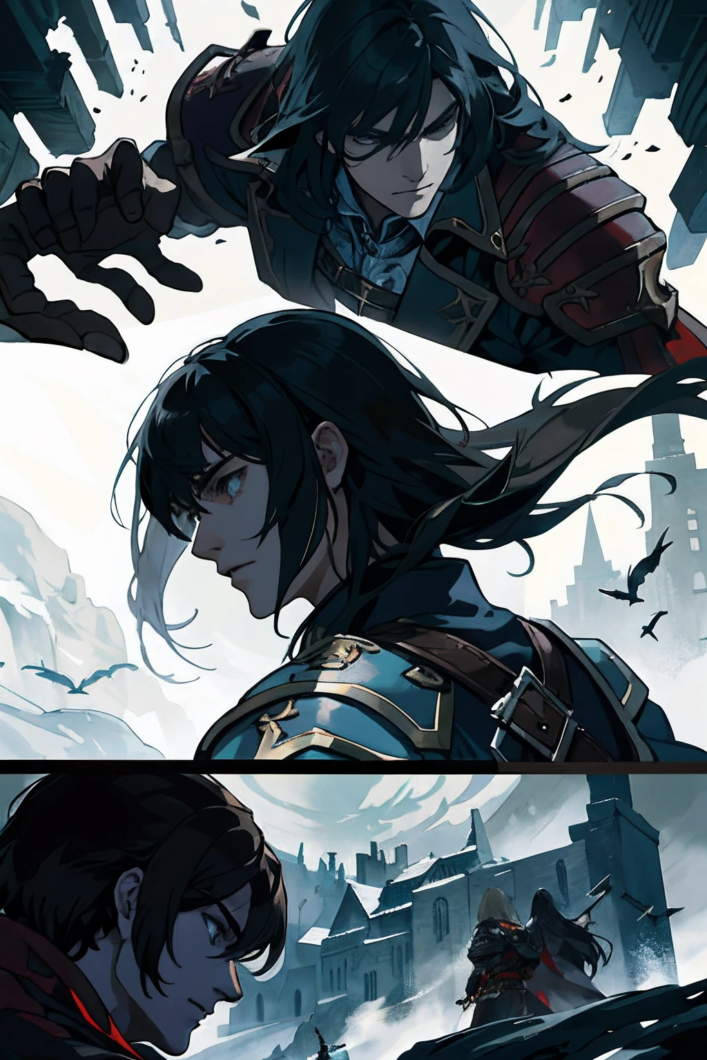 The legendary Castlevania War Battle: Lords of Shadow in a dynamic work. Illustrer le choc des forces surnaturelles, The value of the hero, and the impending darkness enveloping the battlefield. Let the art convey the raw emotions and intricate details of that pivotal moment in the hyper realistic super detailed super detailed game sharp details high resolution