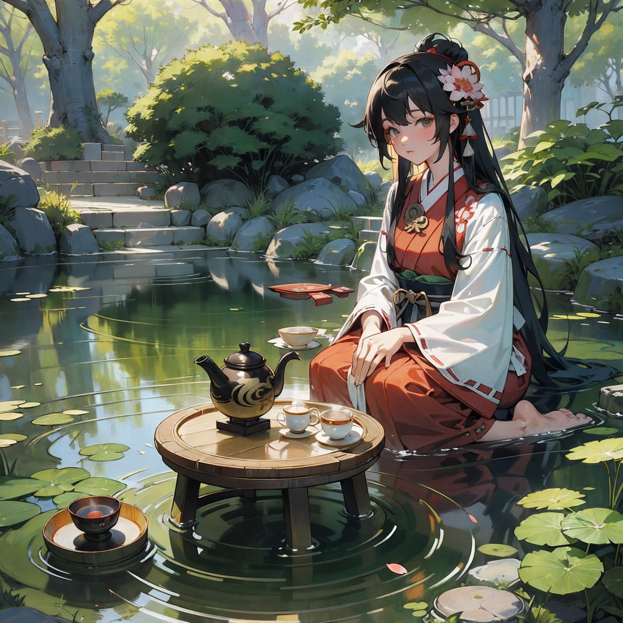 (masterpiece:1.5), (best quality:1.5), (original), (very detailed wallpaper), (high-resolution, very detailed CG, complex details: 1.2), (very detailed background:1.5), high-definition, 8k wallpaper, intense shadows, (photo realistic:1.4), realistic,
(Japanese Shrine:1.3), beautiful detailed water, landscape, trees,grass,flowers,pond,Japanese witch costume, living room,1girl, (miko:1.2), (slim:1.1), solo, long hair, barefoot,looking at viewer, expressionless, full body,dappled sunlight, day, small breasts, hair_flower, (drinking tea:1.3), japanese tea table, japanese teacup, (tea ceremony:1.3), (incense:1.3),smoke