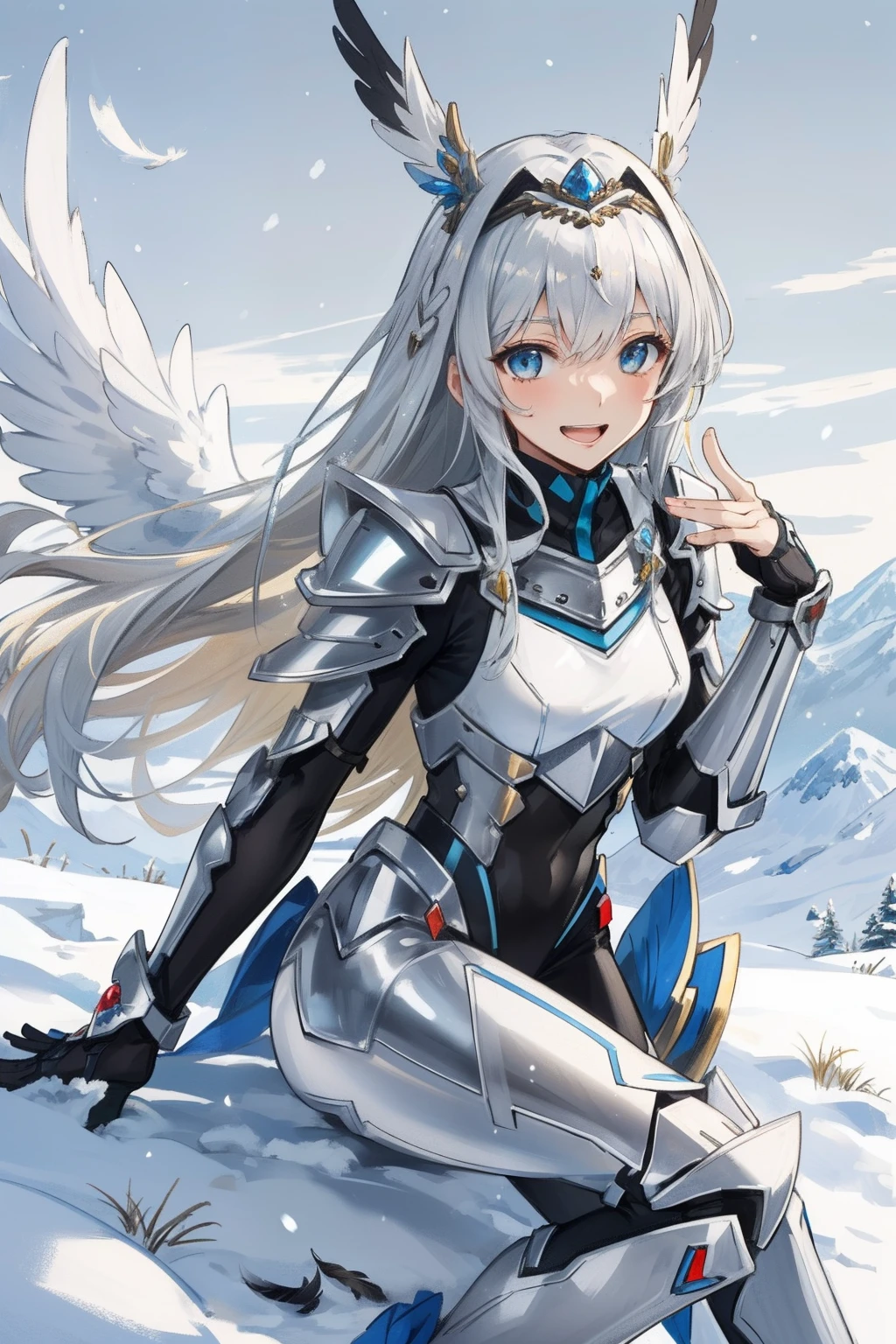 (​master piece, Best Quality),  Intricate details, valkyrie, Cheerful smile, (((Laugh))), Looking at Viewer, Wave to me, Feather Headgear, Flower meadow, Sitting, flat breast, White Balance, Hand up, 18year old,
1 girl in, Solo, Portrait, Long Plutinum Blonde Hair, drooing eyes, Silver Single Thigh, Silver Independent Single Sleeve, silver gloves, 
 mecha musume, Silver Bodysuit, Silver Reinforced Suit, close the feathers of snow-white feathers,, silver pantyhose, Silver Full Armor, flower decoration, equip sword,