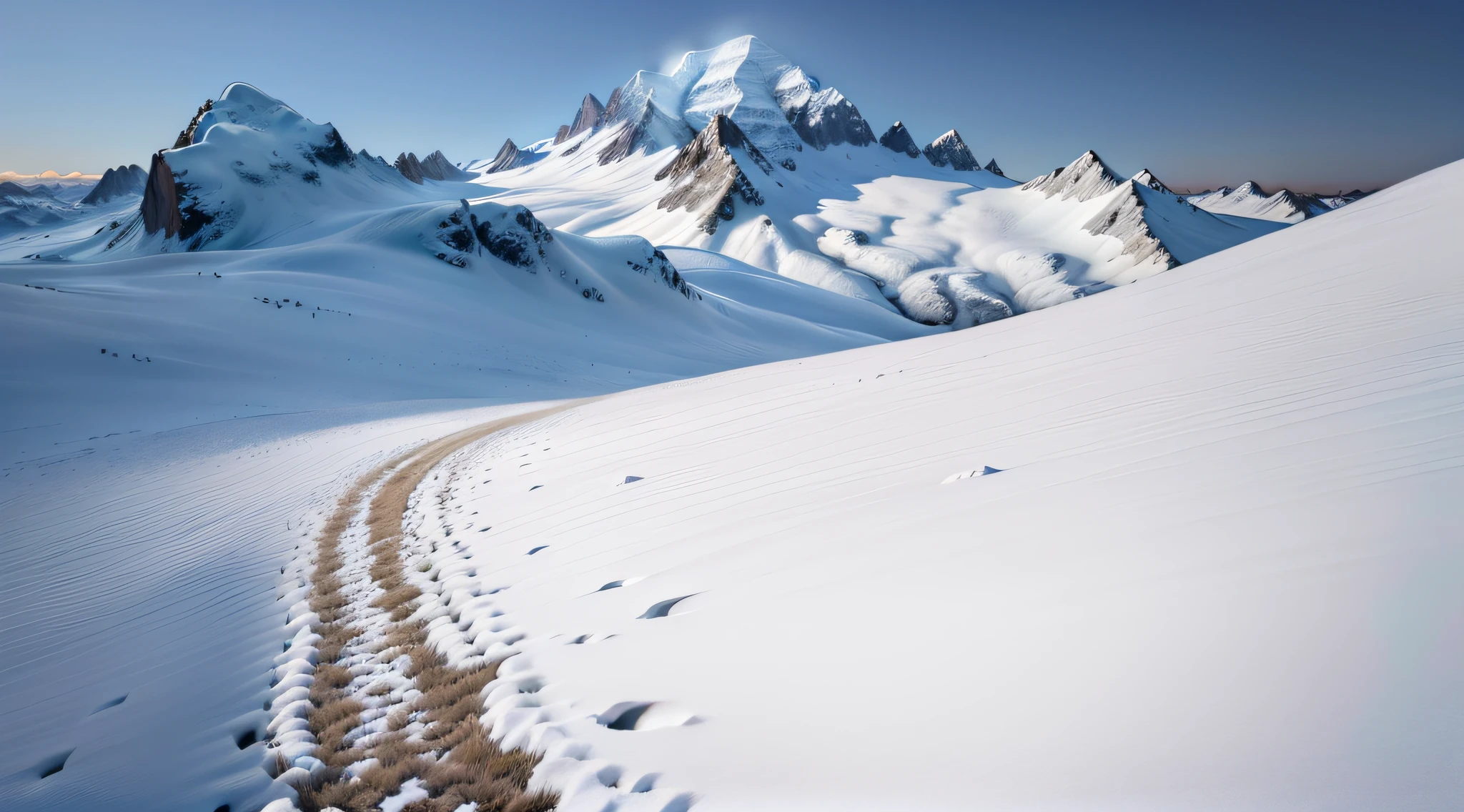 (a beautiful country meadow stretches across a vast expanse leading to a huge snow-capped mountain in the distance)