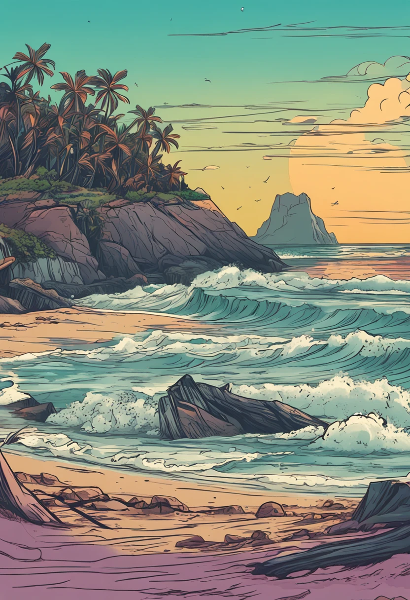 crie um cenaro de natureza, estilo anime, cores chapadas, praia, mar, ceu, cores vivas, bela paisagem, melhor qualidade, areia da praia, vista do espectador