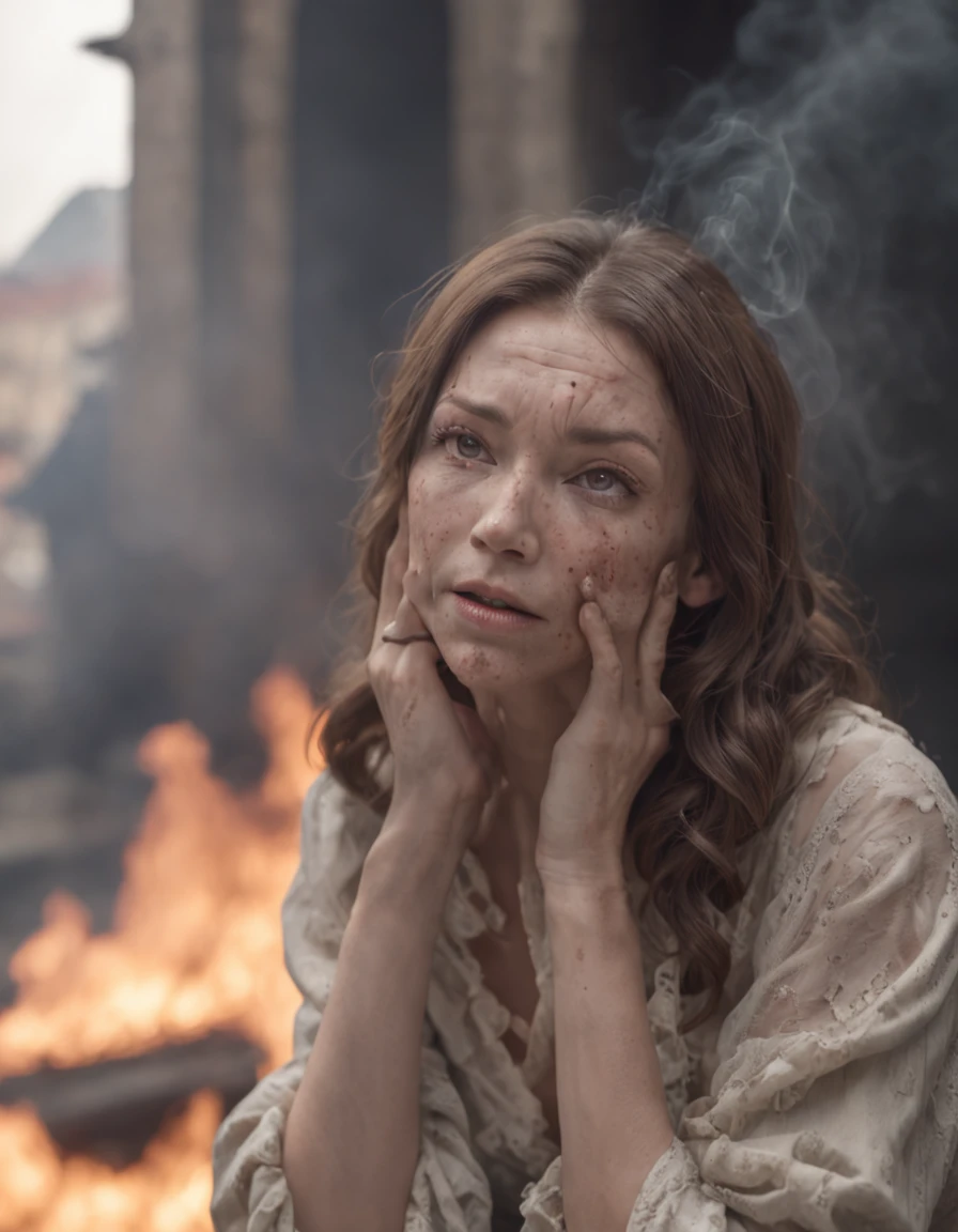 Ultra-realistic depiction of a milf, sitting with sorrow, agony, ((dried tears drops)), messy and curl hair, dusty face and cloth,(( a destructed city in background, fire, ((human corpse on ground)), some people are crying, destroyed building)), a butterfly sits on her forefinger, (((she is looking at the butterfly with hope and a little bit smile a sun ray lighting her face))), hyper detailed, dynamic color, black and gray shade, super emotional picture, set against a hauntingly dark backdrop and surrounded by swirling dark smoke. The image should be in a captivating 16:15 format."
trending in artstation, hiper-detalhado, Arte Digital, Motor irreal, 32k, Ultra HD |,