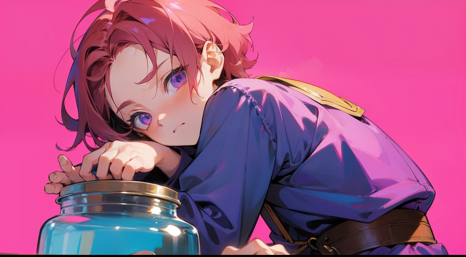 Kohaku Oukawa, anime boy, tiny human, borrower, medium length hair, pink hair, purple eyes, giant background, shrunk boy, giant house, giant kitchen, hiding behind jar, 3 inches tall, gigantic objects around him, masterpiece, best quality, male character, anime boy, skinny, slim, male, middle part, shrunk boy, detailed background, tiny fairy, young man, teen, forehead showing, miniboy, miniguy