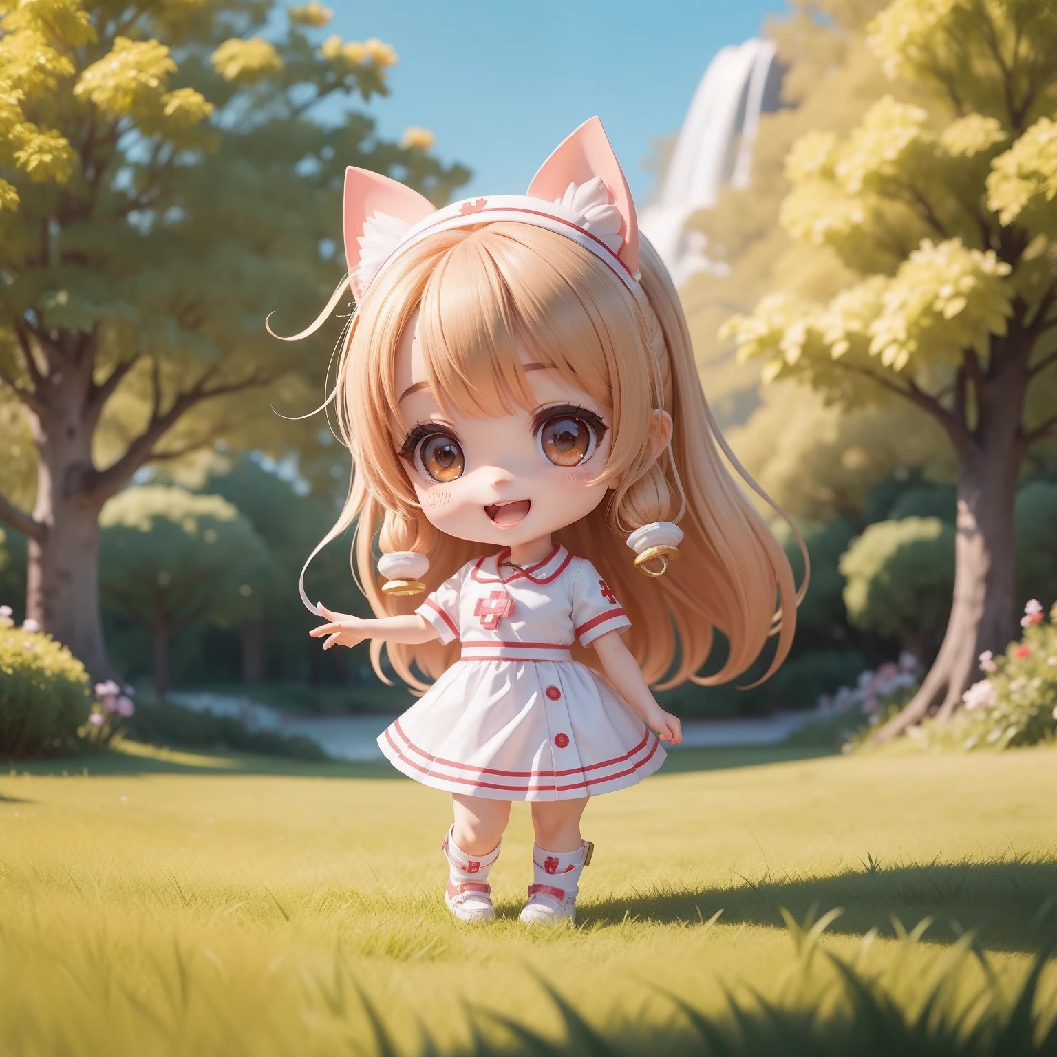 ​masterpiece、top-quality、ultra-detailliert、One dog girl、Chibi Chara、nurse's outfit、long、A smile、open open mouth、Skip、Beautiful scenery、pretty hair