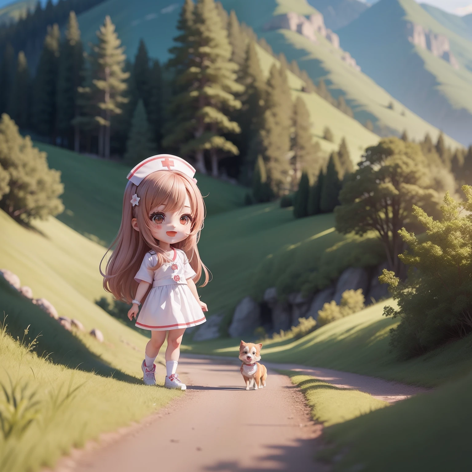 masterpiece、top-quality、ultra-detailliert、One dog girl、Chibi Chara、nurse's outfit、long、A smile、open open mouth、Skip、Beautiful scenery、pretty hair