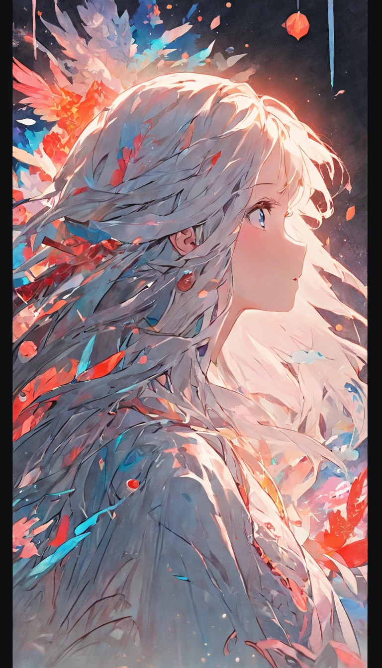 (White background:1.4),(Silhouette of a girl's head, Eyes closed, colorfull long hair, Oriental elements),(Chinese illustration:1.3,paper art:1.3, Quilted paper art:1.2),( reasonable design, Clear lines, High sharpness,Best quality, Very detailed, Masterpiece, movie light effect, 4K )