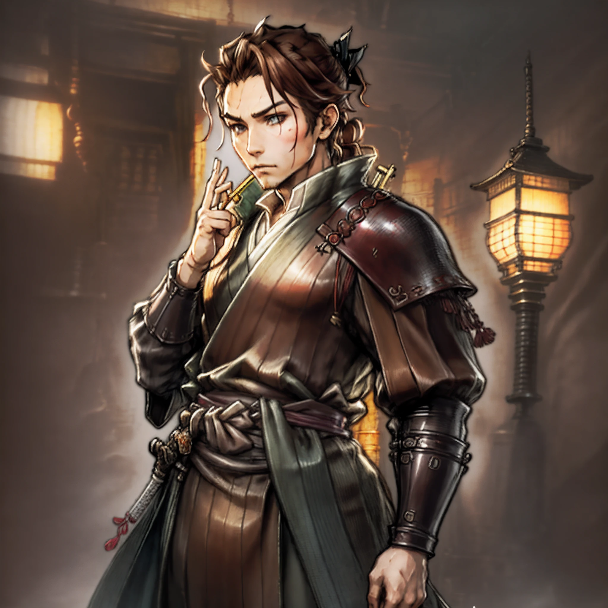 Game Art design, Octopath Traveler 2, 1boy, hikari ku, (solo:1.4), brown hair, ponytail, samurai warrior wearing a katana on his waist belt, japanese clothes with ornaments, yoroi, extremely detailed face and eyes, absurdes