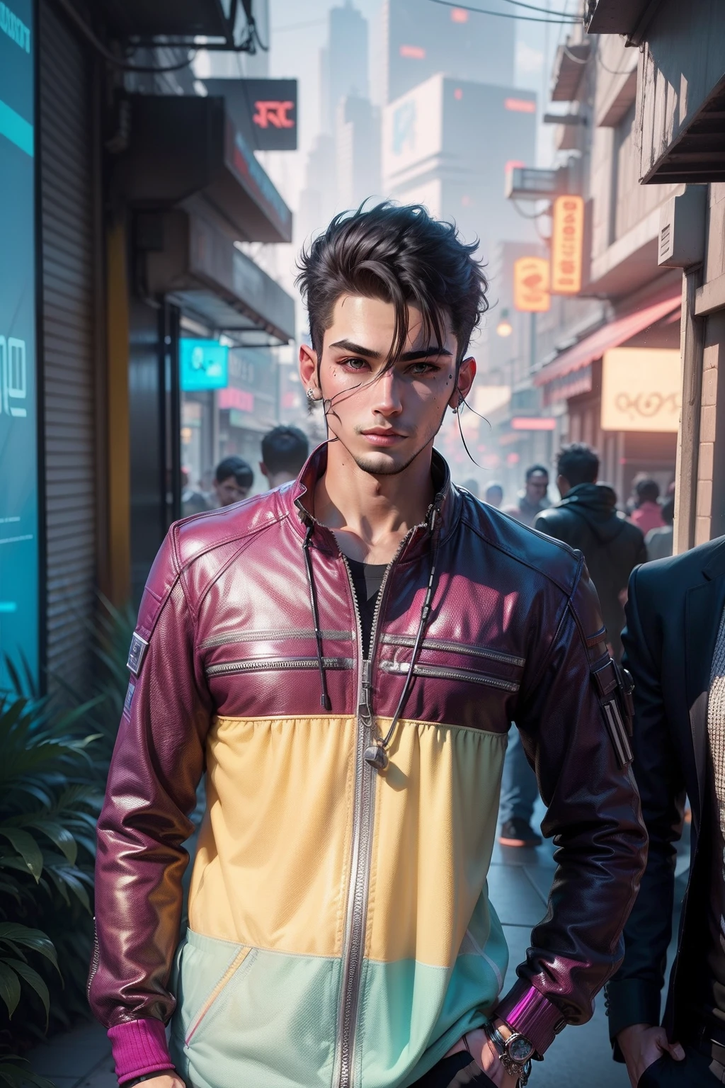 Change background cyberpunk handsome boy.realistic face.