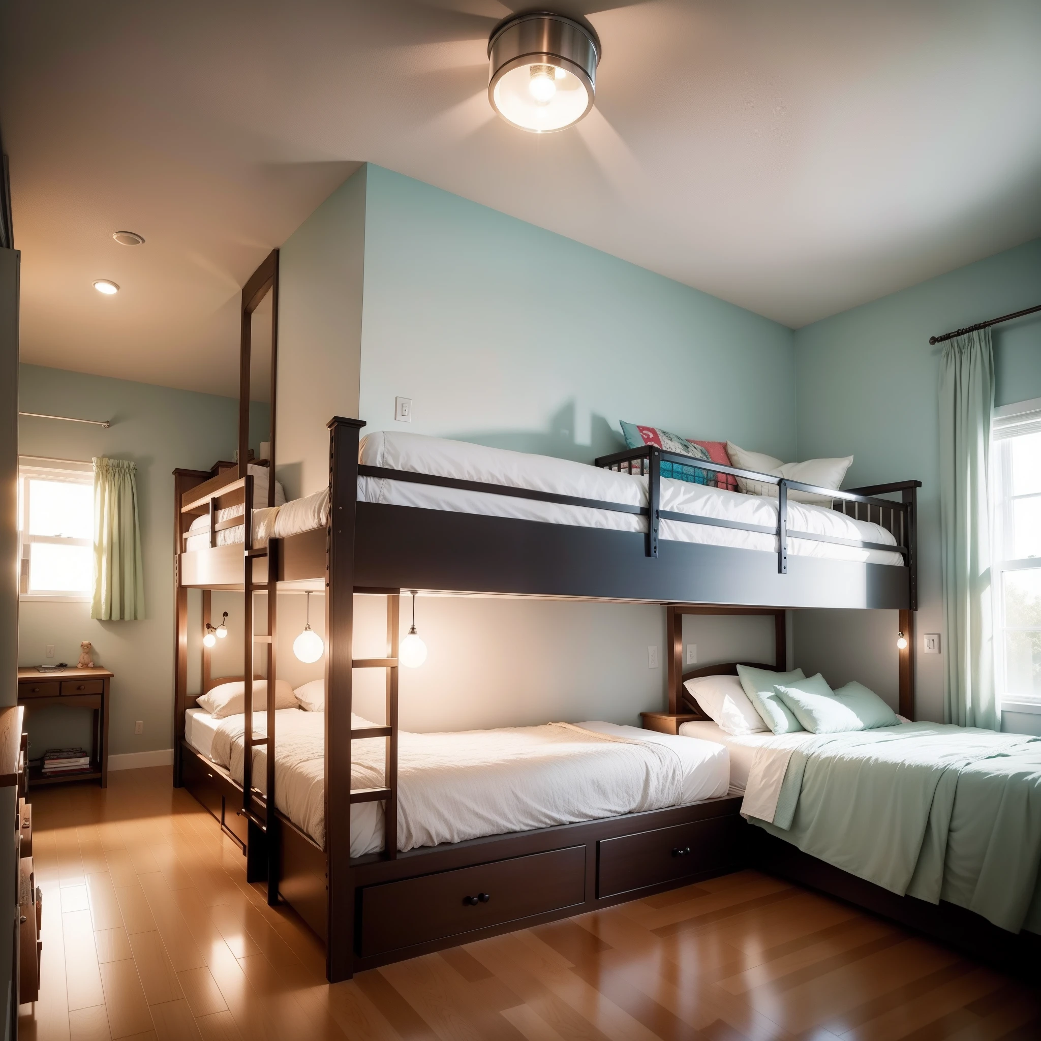 kids bedroom design, bunk bed, hanging light. AC in the room, No kids,