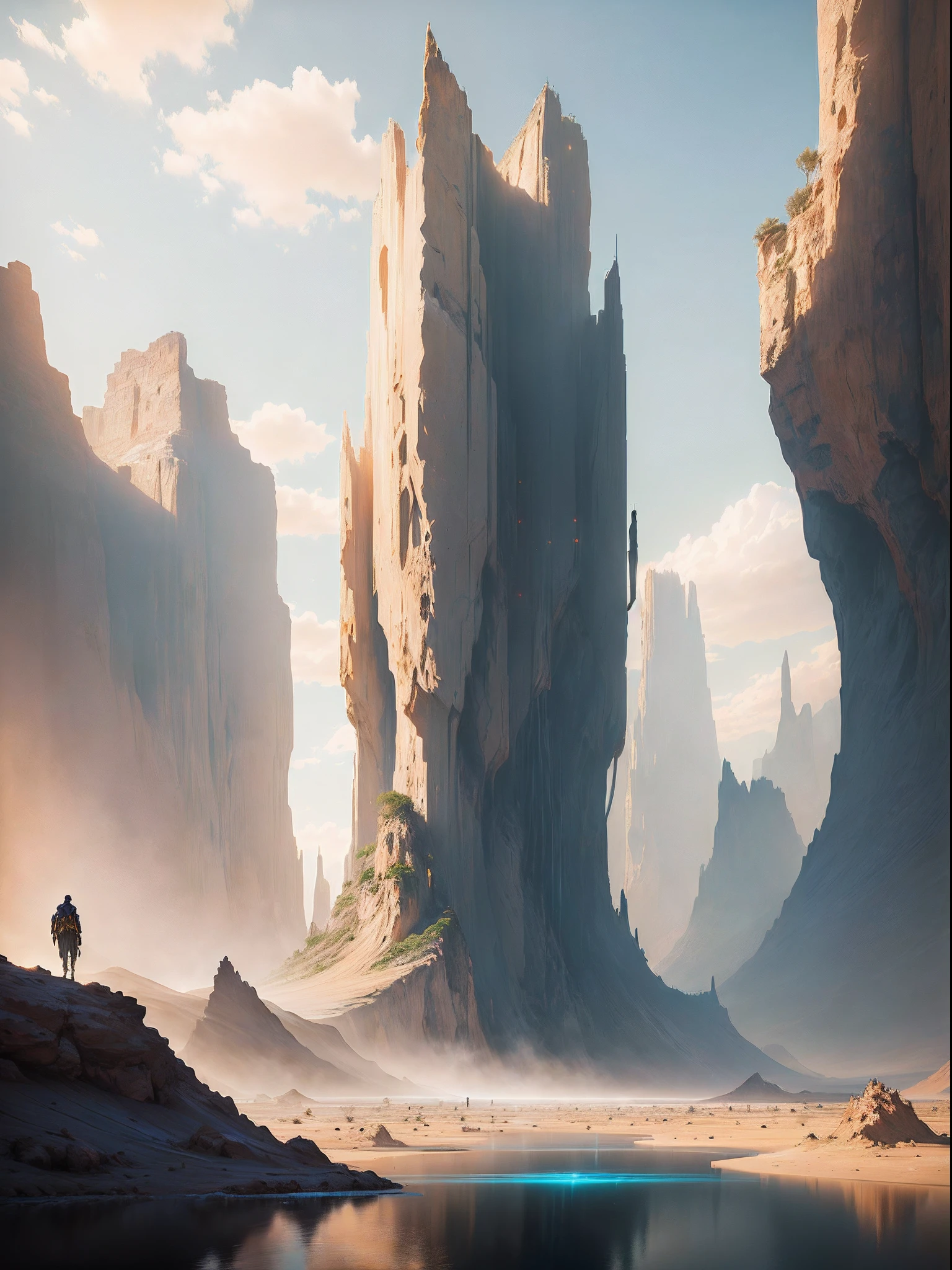 a man standing in a desert area with a waterfall in the background, 4k concept art, 4 k concept art, mystical sci-fi concept art, bastien grivet, 8k concept art, 8 k concept art, award winning concept artist, concept art 8 k, hard edges concept art, detailed 4k concept art, sci-fi concept art, intricate, elegant, realistic depth of field photography, perfect natural lighting (masterpiece, sidelighting, finely detailed beautiful landscape), long hair, realistic lots of hair, realistic suit, realistic human, realistic cyber city background,
