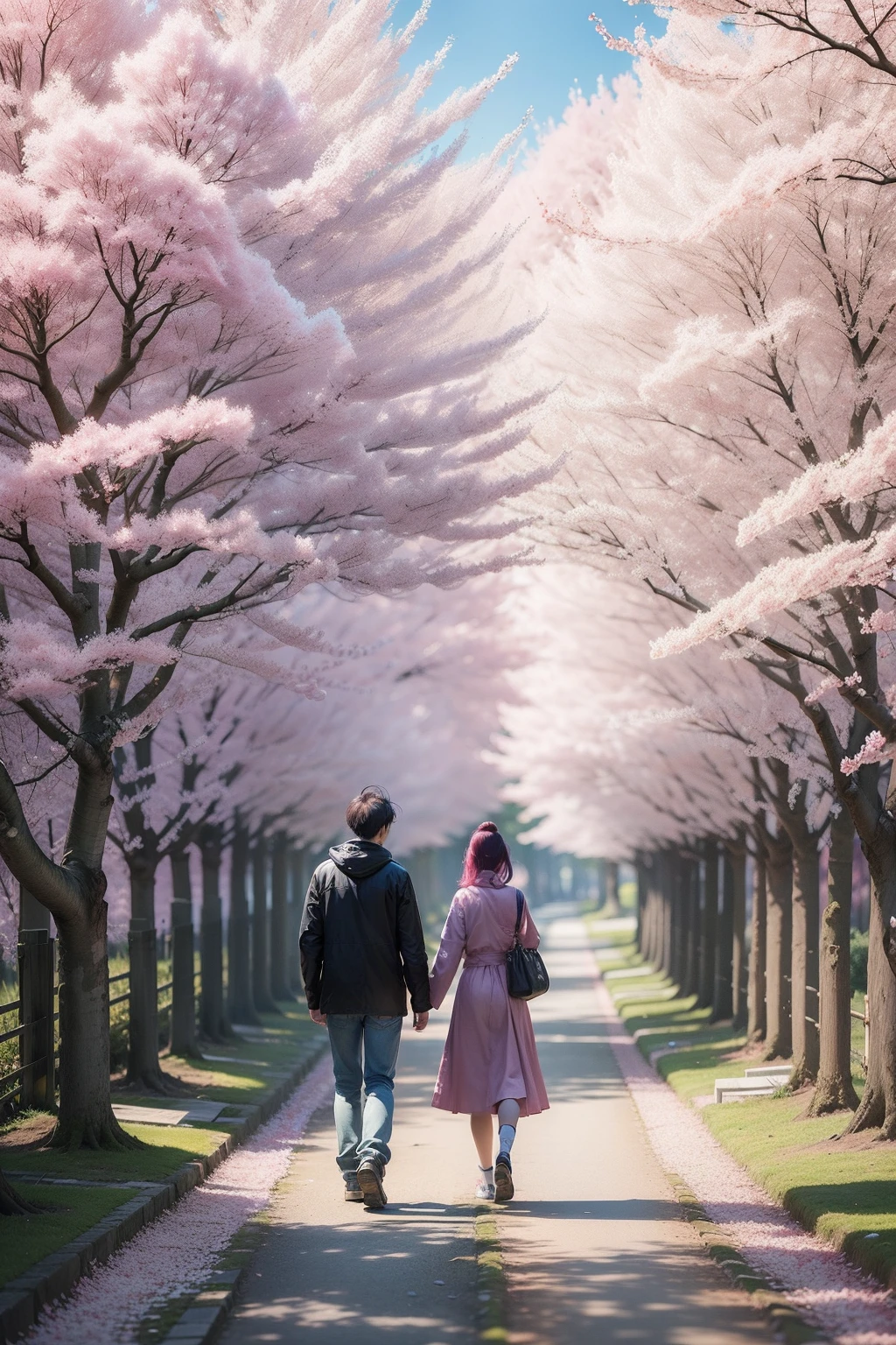 Two people walking along a path in the forest, a picture inspired by Matsumura Goshun, pexels, sōsaku hanga, blossoming path to heaven, cherry blossom forest, sangyeob park, giant cherry trees, Purple flower tree, Walking in the garden, lush sakura trees, under a cherry blossom tree, sakura season, in pink forest