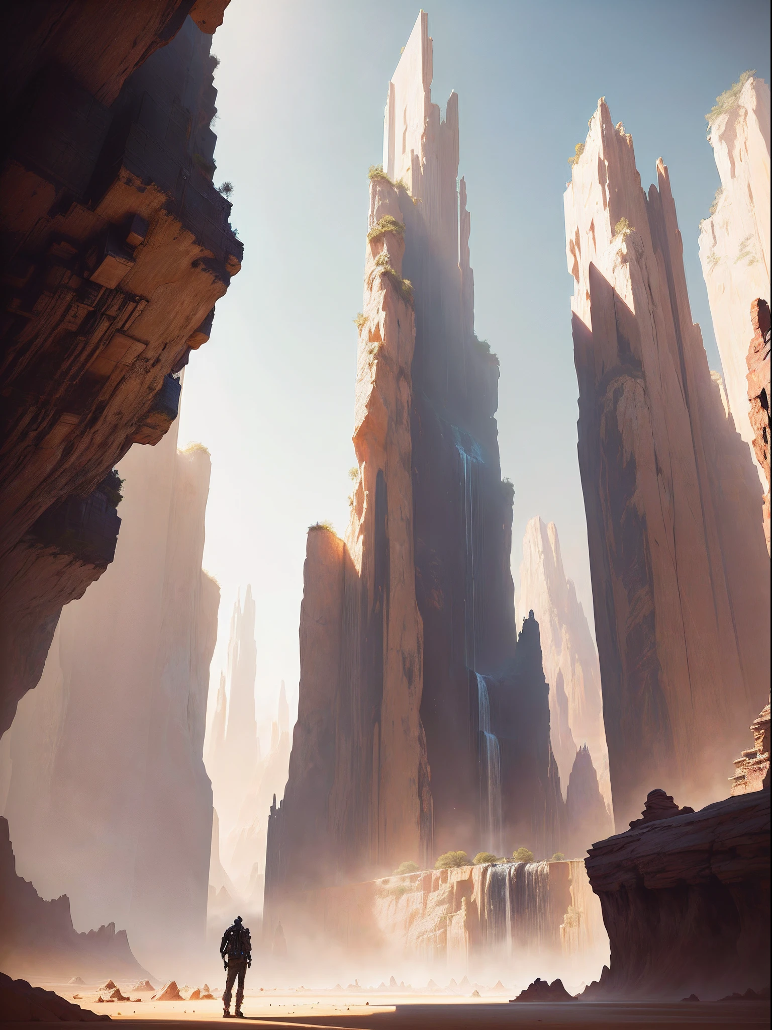 a man standing in a desert area with a waterfall in the background, 4k concept art, 4 k concept art, mystical sci-fi concept art, bastien grivet, 8k concept art, 8 k concept art, award winning concept artist, concept art 8 k, hard edges concept art, detailed 4k concept art, sci-fi concept art, intricate, elegant, realistic depth of field photography, perfect natural lighting (masterpiece, sidelighting, finely detailed beautiful landscape), long hair, realistic lots of hair, realistic suit, realistic human, realistic cyber city background,