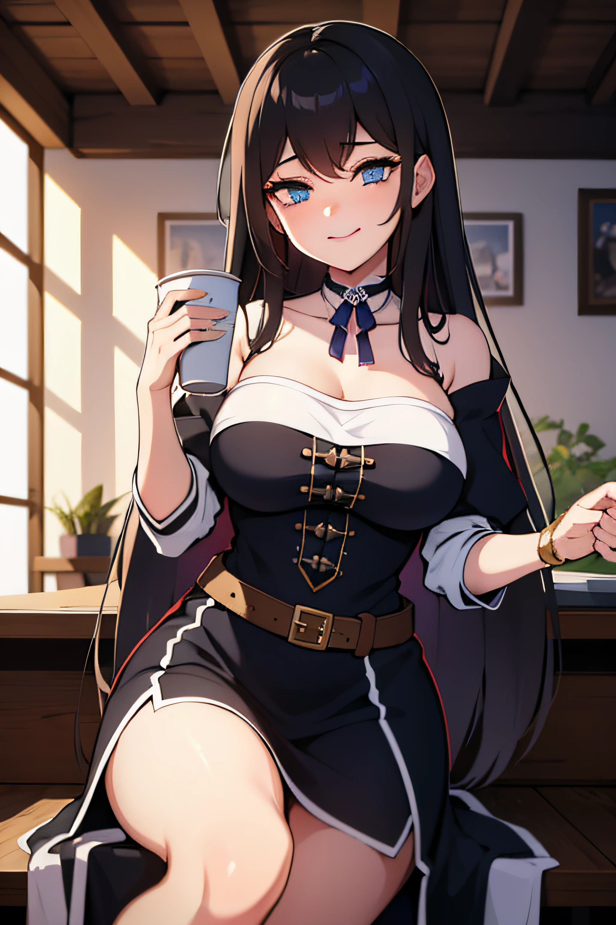 masterpiece, 1girl, Amazing Cleavage:1.3, thin waist, big ass, Raised sexy,posed cleavage:1.2,solo, looking at viewer, open mouth, have a cup of coffee,(from above:1.0),(from side:0.9), ((Face)), (Close-Up:0.4), ((looking at viewer, holding a coffee cup)), highest quality、(real、photorealistic:1.4)、(RAW photo:1.2),(Curve,Model,glamor:1.5),Beautiful breasts,Farbe_aberration,beautiful detailed shadow,Beautiful eyes,Beautiful body,Beautiful skin,beautifull hands,(medium_breasts:1.5),Brown hair,watching at viewers,black suspenders,breasts,Black miniskirt,garters,Gaze,Small face,bangss,holster,Beautuful Women,leg holster,Gaze,black boots panty shot,narrow waist,(with sparkling eyes and a contagious smile),her thin pubic hair, looking at viewer, pose muy sexy"